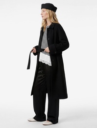 Uzun Kollu Cepli Düğmeli Kemerli Uzun Kaşe Kaban