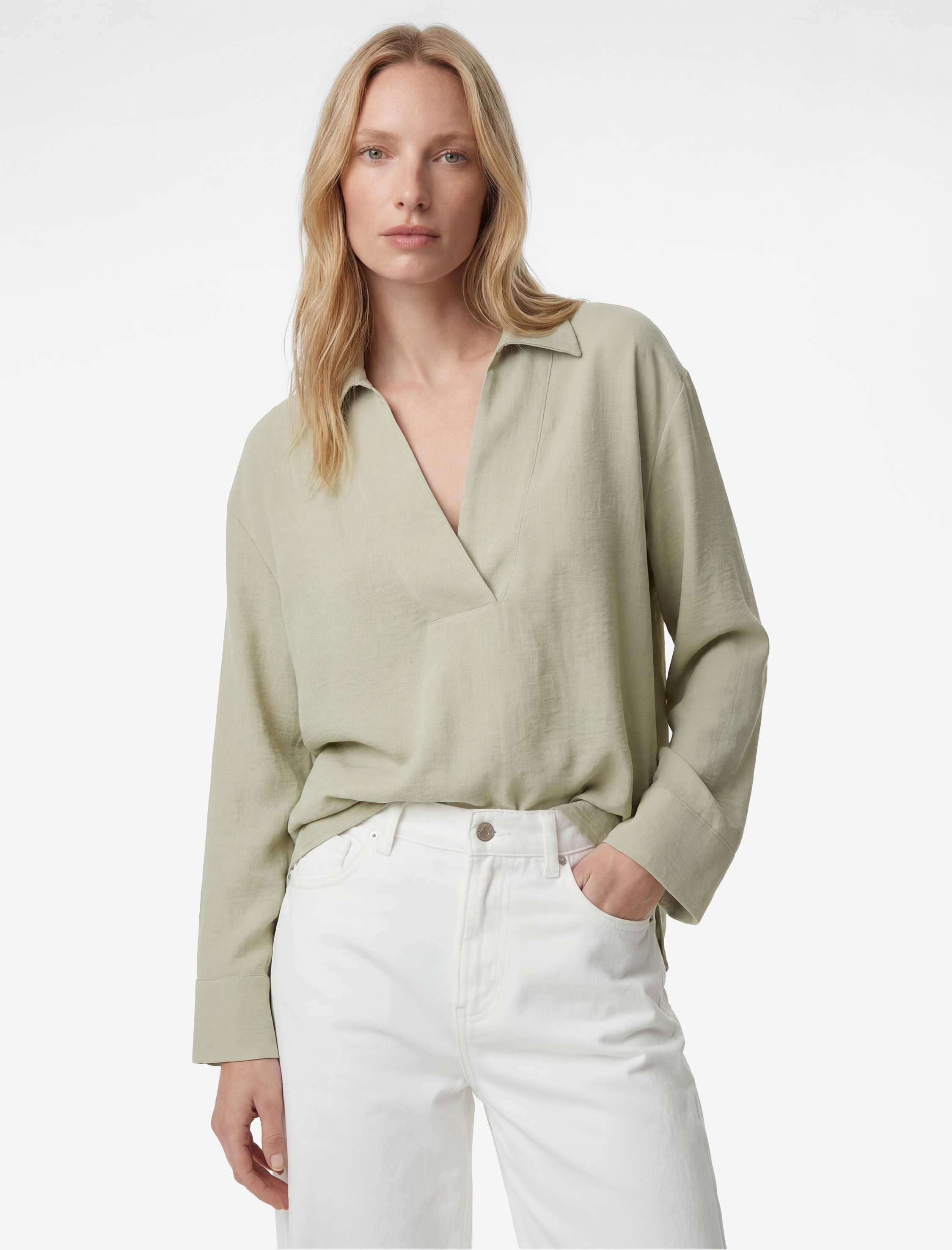   Aerobin Kumaş Uzun Kollu V Gömlek Yaka Bluz