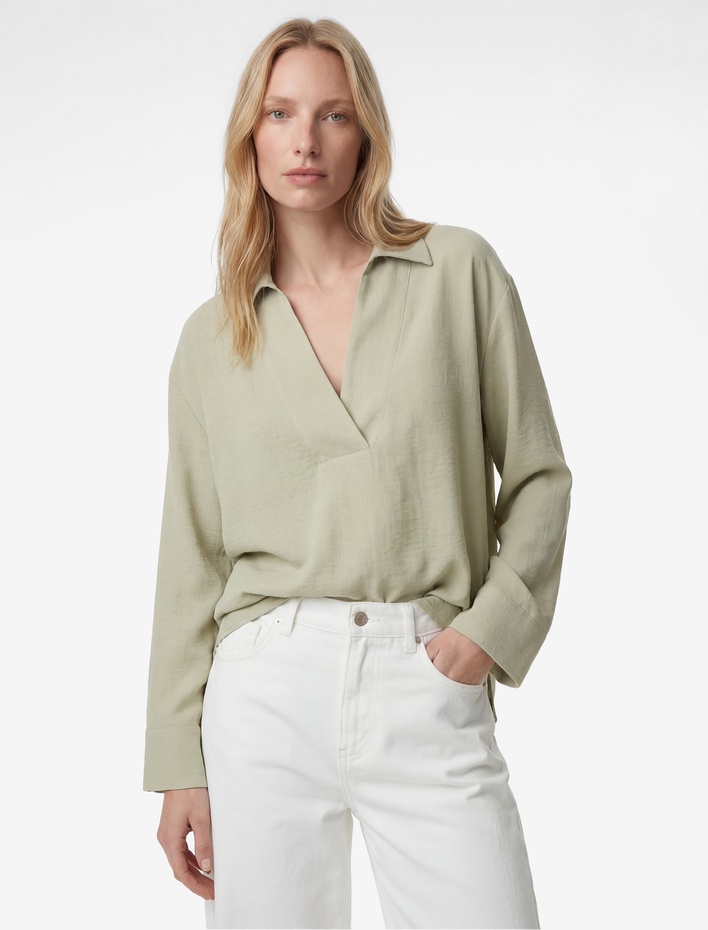  Aerobin Kumaş Uzun Kollu V Gömlek Yaka Bluz