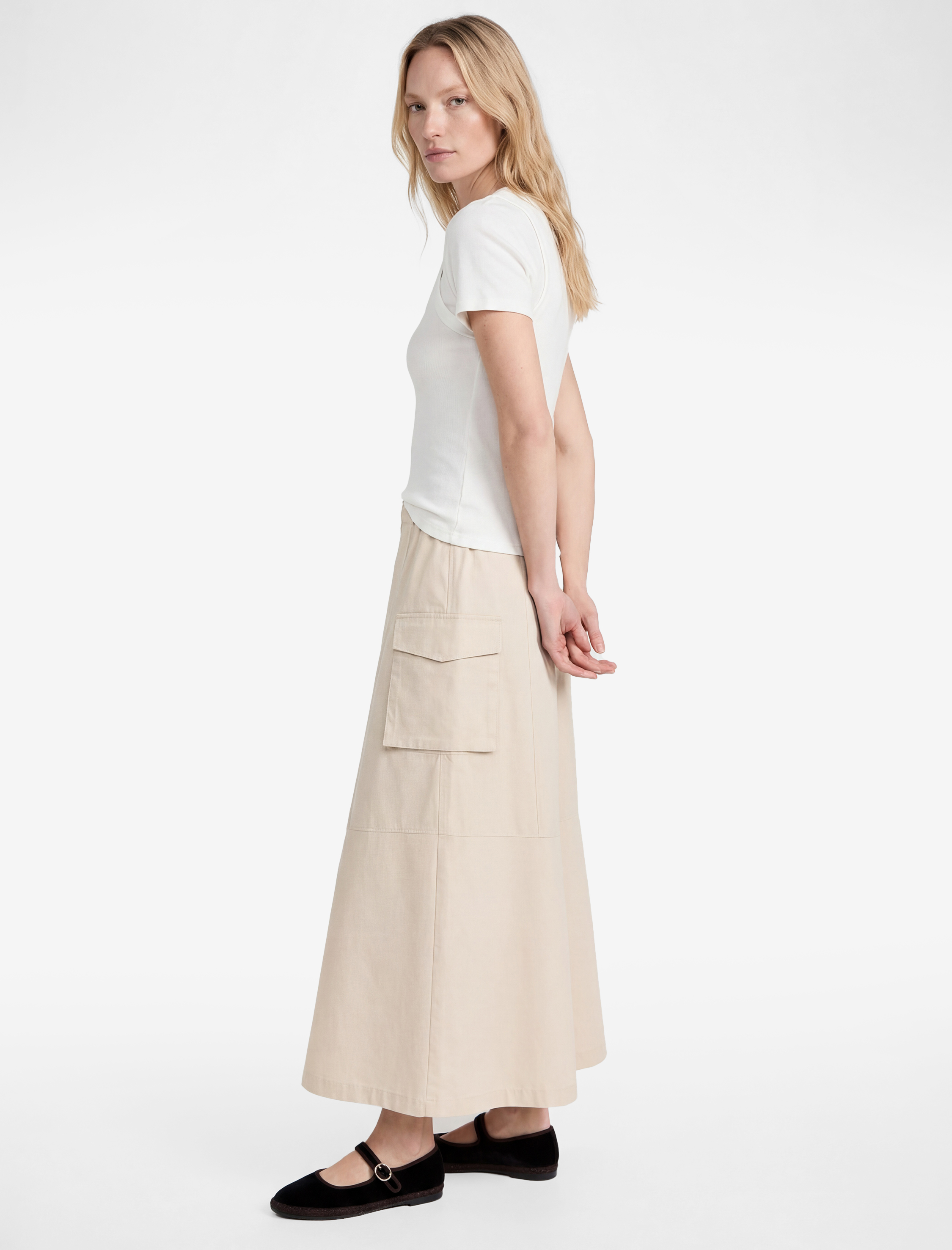   Pamuklu Kargo Cepli Beli Bağcıklı Kloş Poplin Etek