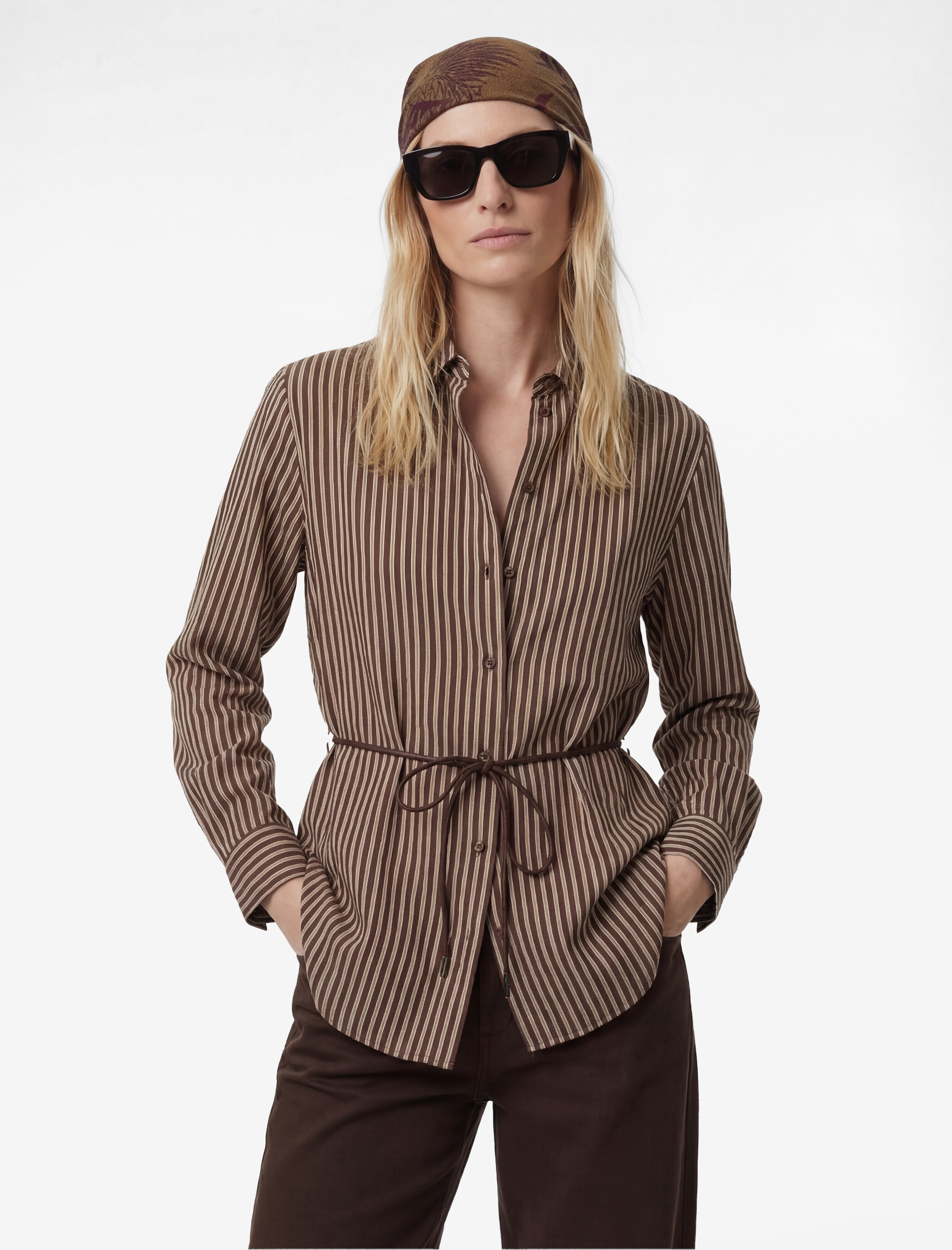   Viskon Uzun Kollu Beli Bağcıklı Kemerli Çizgili Gömlek