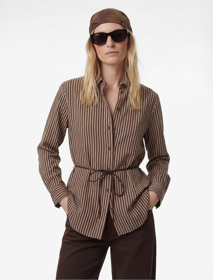  Viskon Uzun Kollu Beli Bağcıklı Kemerli Çizgili Gömlek