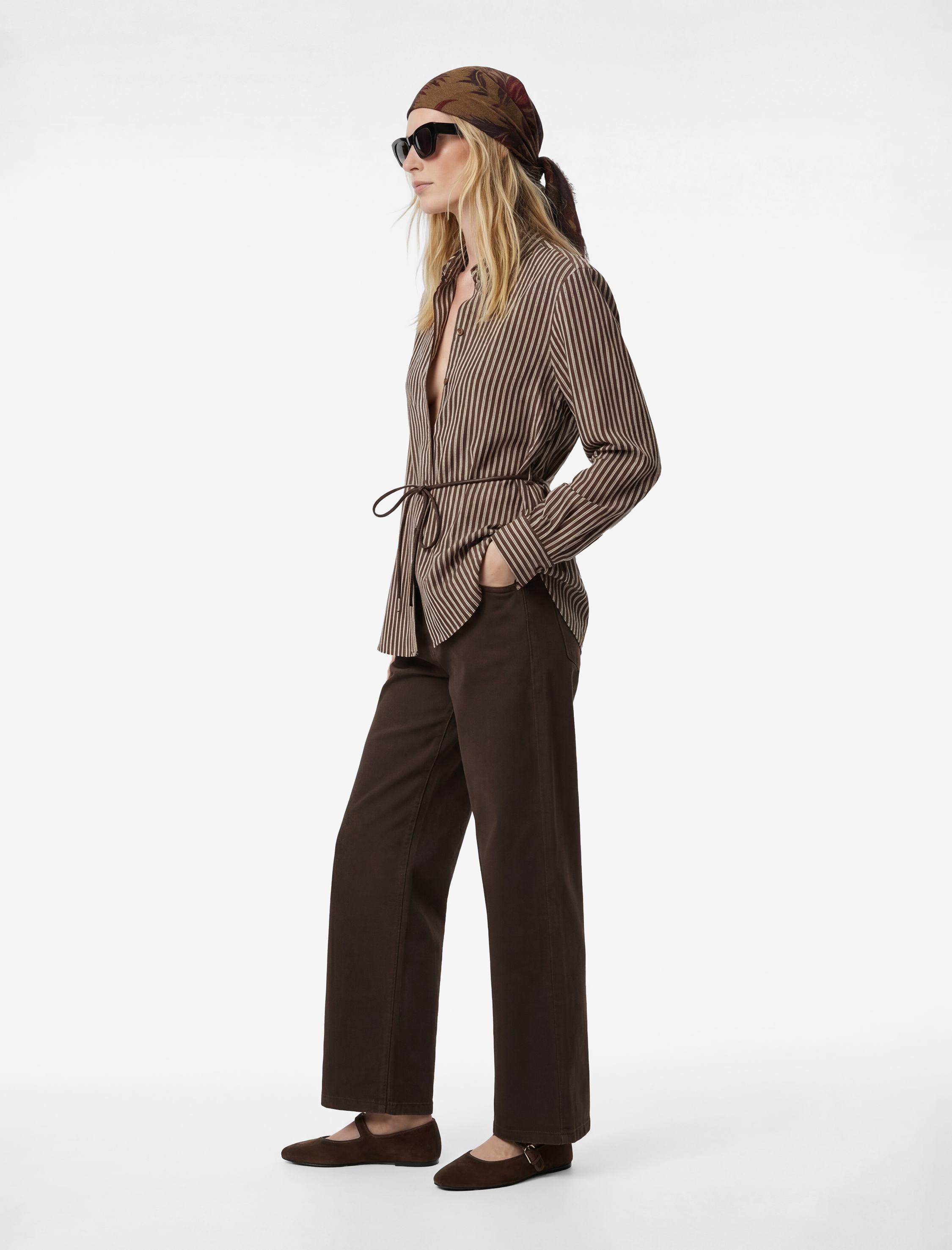   Viskon Uzun Kollu Beli Bağcıklı Kemerli Çizgili Gömlek