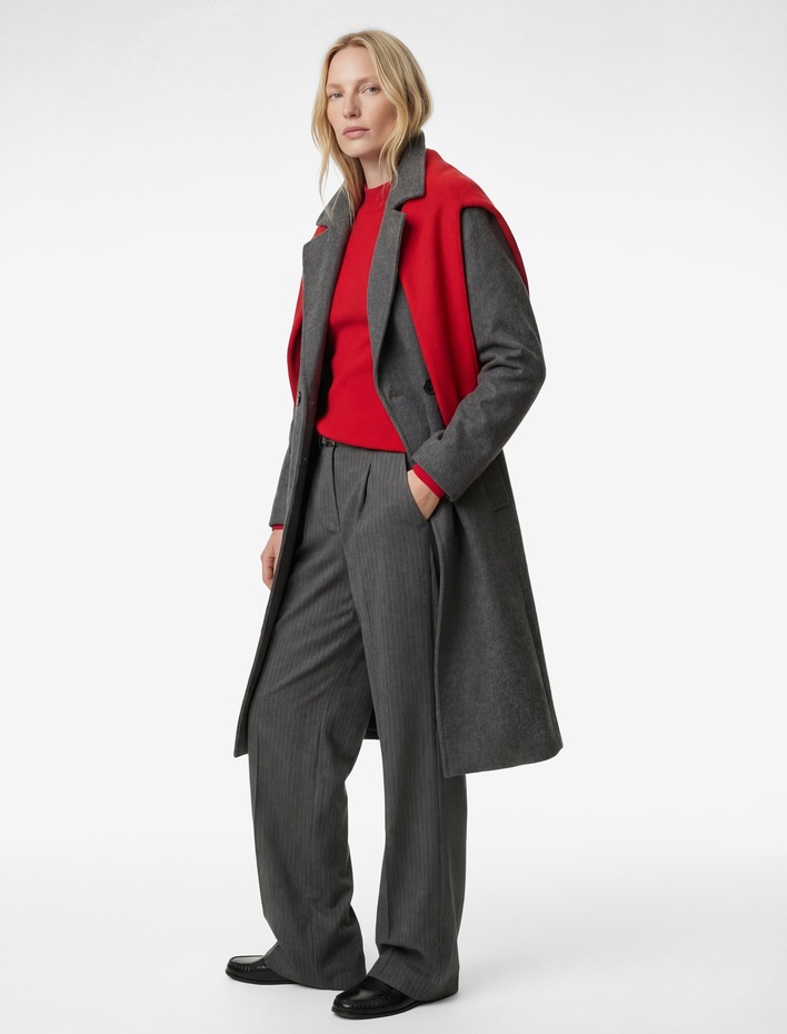  Uzun Kaşe Kaban Kruvaze Uzun Kollu Düğmeli Cepli