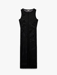 U Yaka Kolsuz Transparan Uzun Tül Plaj Elbisesi