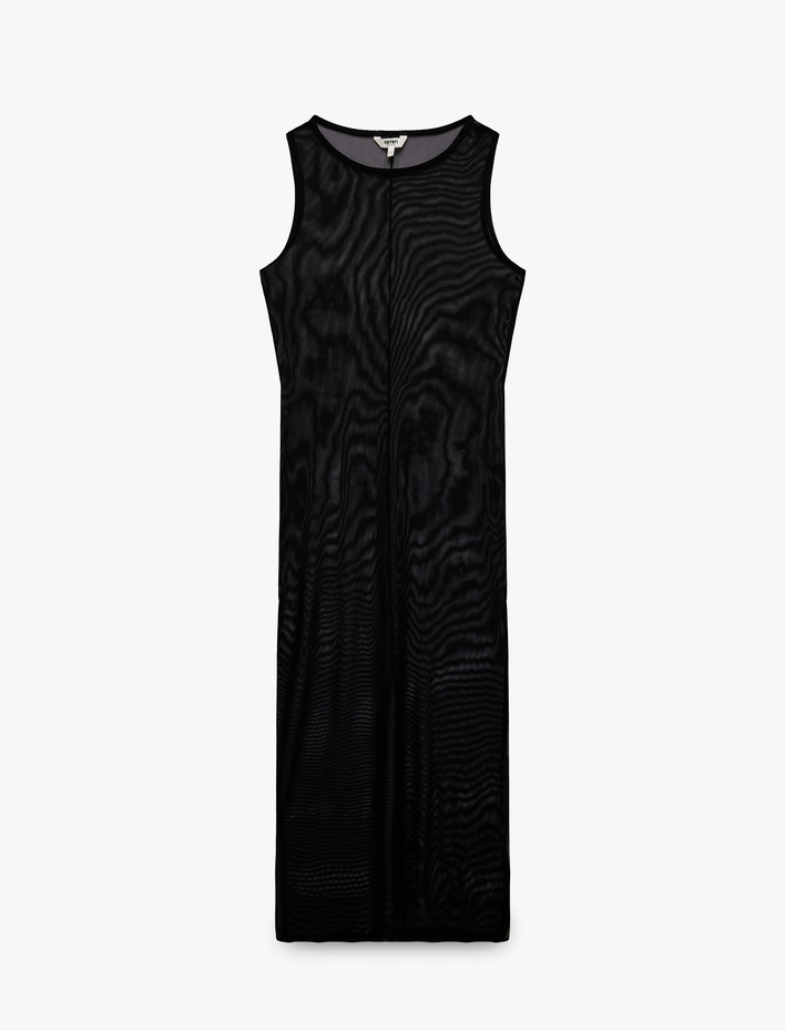  U Yaka Kolsuz Transparan Uzun Tül Plaj Elbisesi