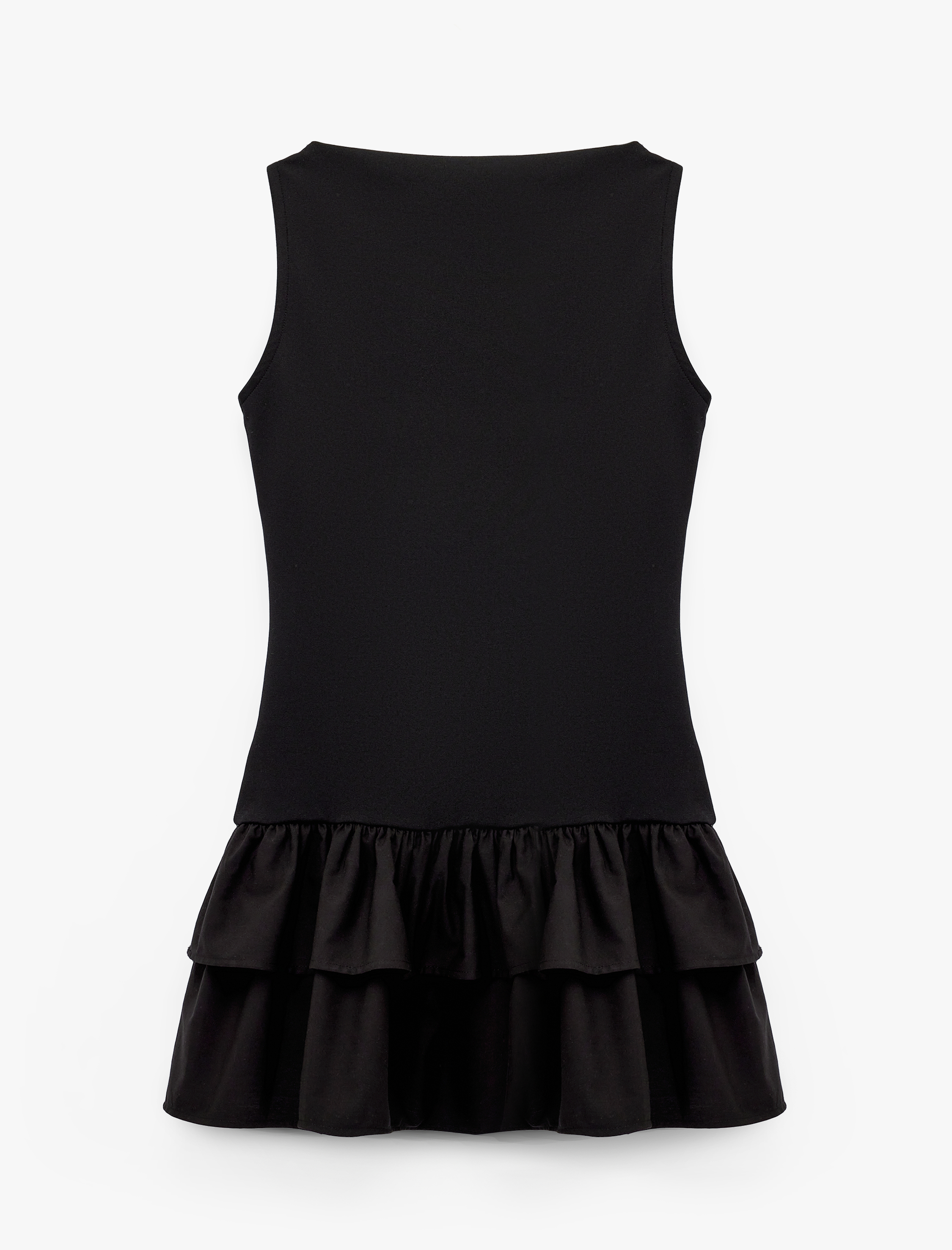   Kayık Yaka Kolsuz Etek Ucu Volümlü Fırfırlı Mini Elbise