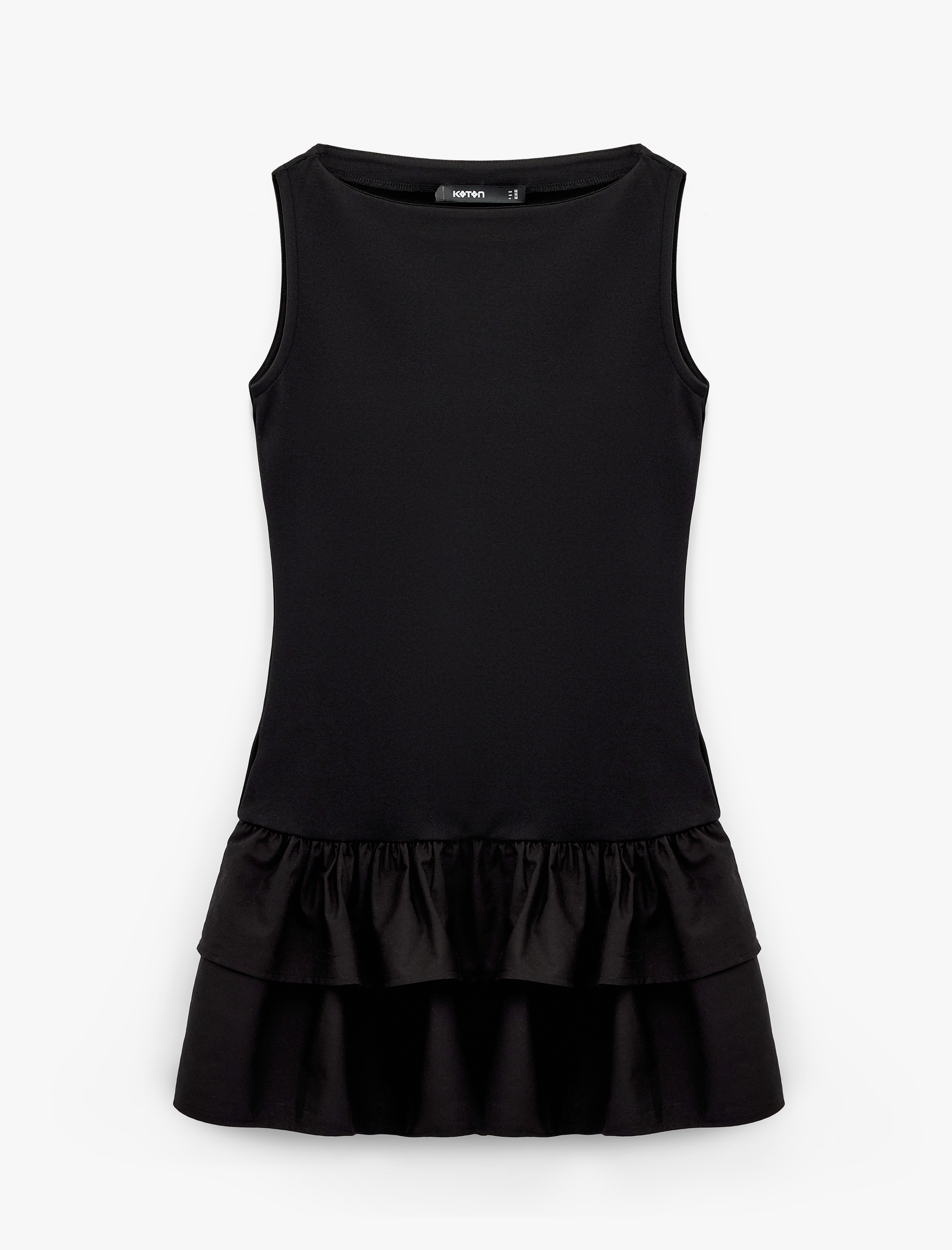   Kayık Yaka Kolsuz Etek Ucu Volümlü Fırfırlı Mini Elbise