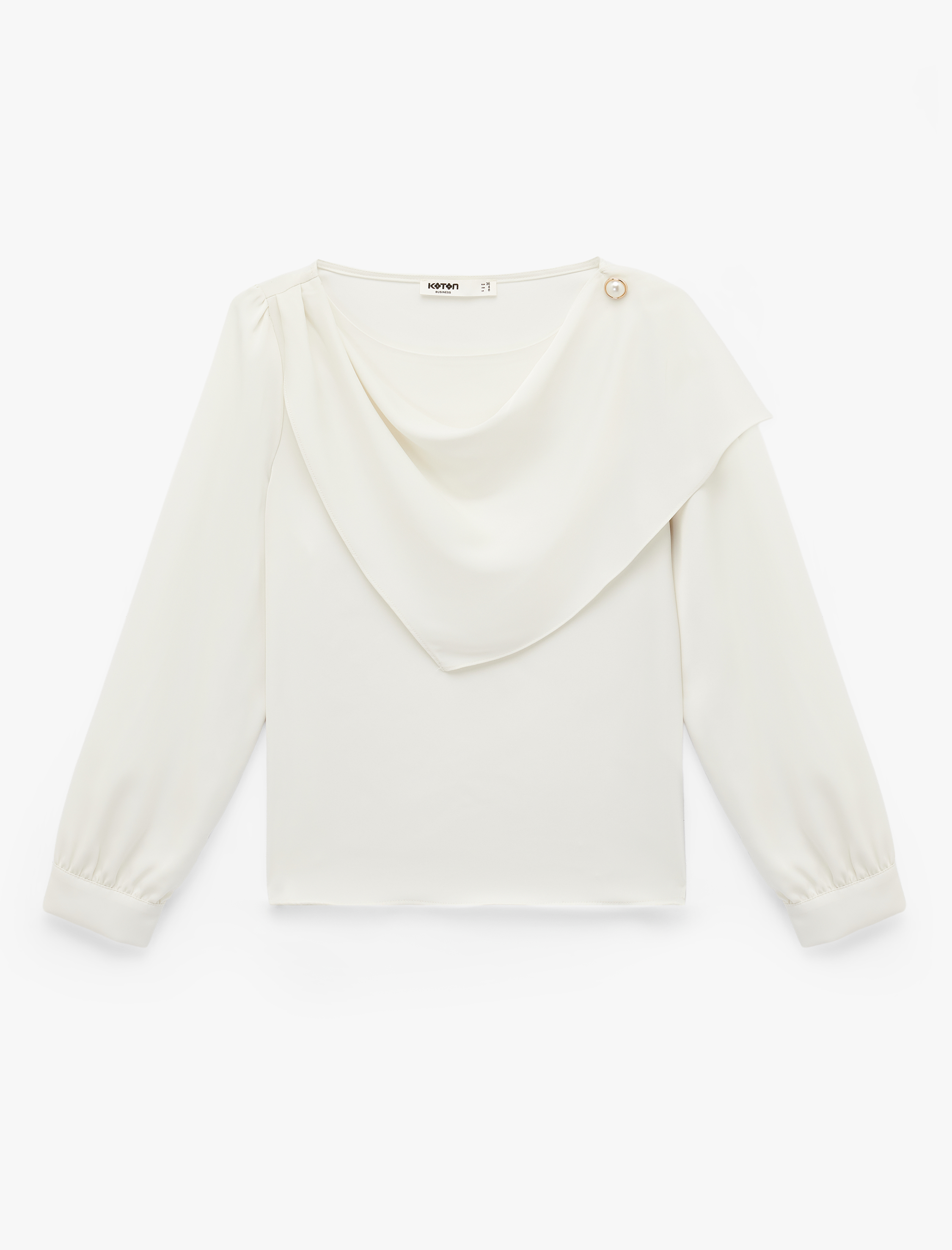   Dökümlü Şal Yaka Metal Aksesuarlı İnci Detaylı Uzun Kollu Saten Bluz