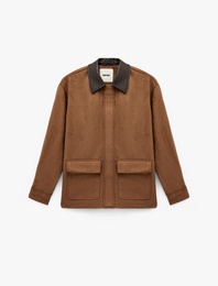 Uzun Kollu Fermuarlı Cepli Süet Görünümlü Oversize Mevsimlik Ceket