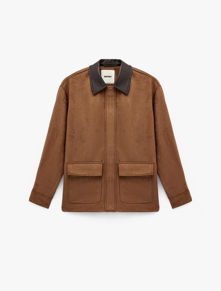  Uzun Kollu Fermuarlı Cepli Süet Görünümlü Oversize Mevsimlik Ceket