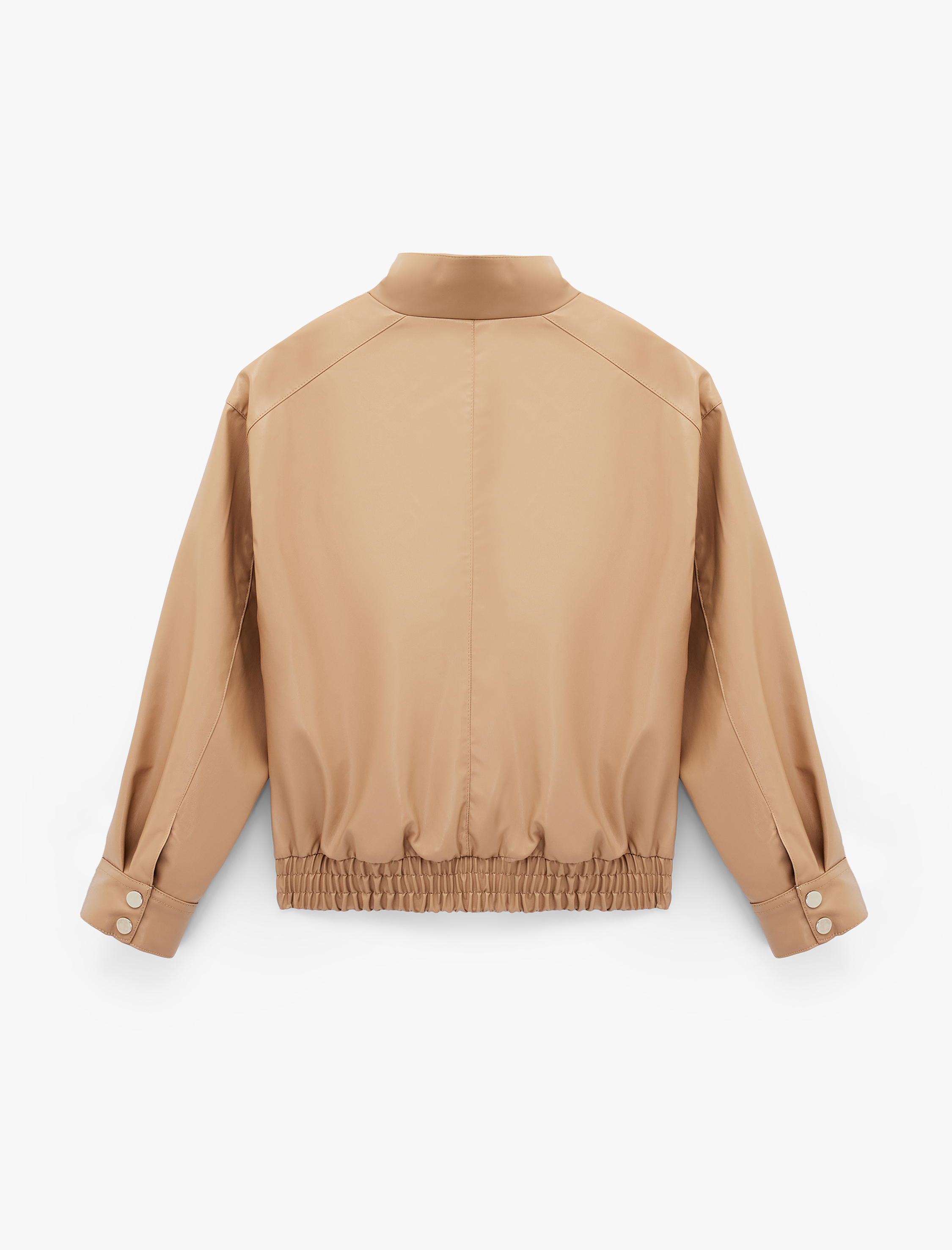   Fermuarlı Cepli Uzun Kollu Dik Yaka Suni Deri Bomber Ceket