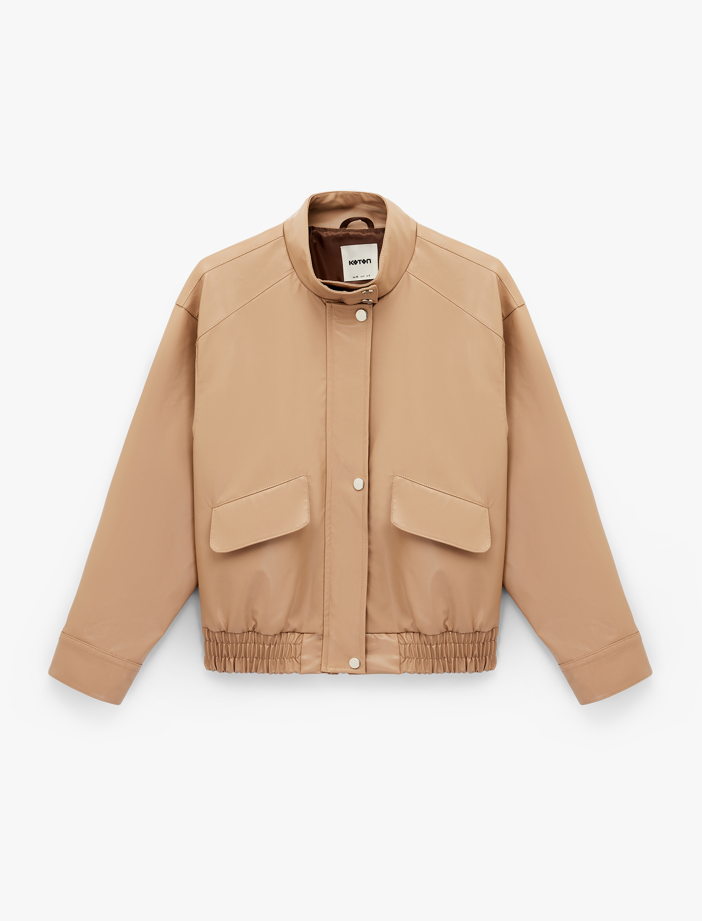   Fermuarlı Cepli Uzun Kollu Dik Yaka Suni Deri Bomber Ceket