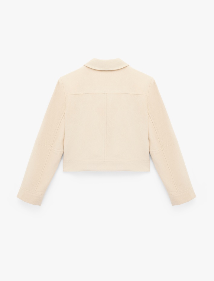  Uzun Kollu Cepli Düğmeli Süet Görünümlü Crop Ceket