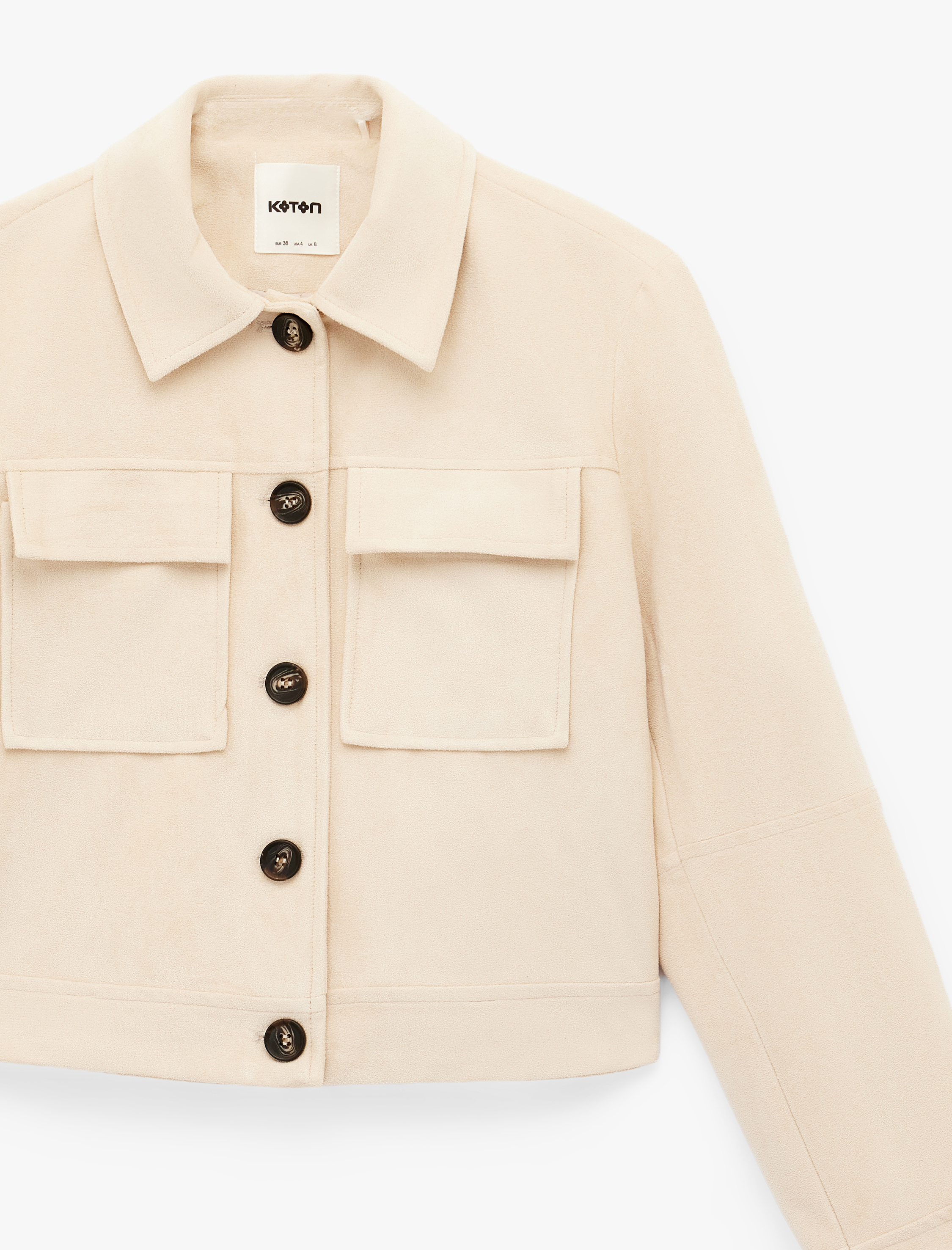   Uzun Kollu Cepli Düğmeli Süet Görünümlü Crop Ceket