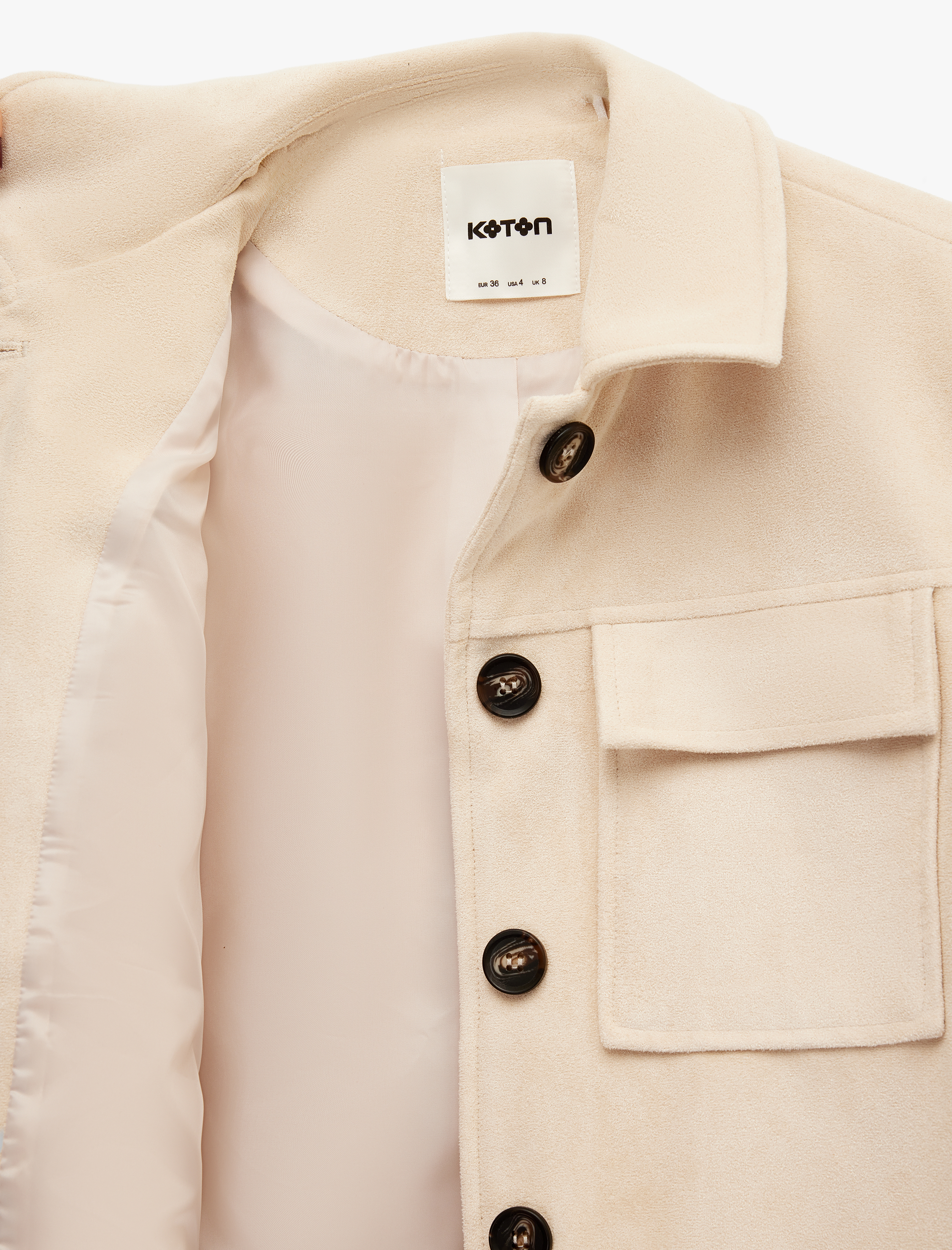   Uzun Kollu Cepli Düğmeli Süet Görünümlü Crop Ceket