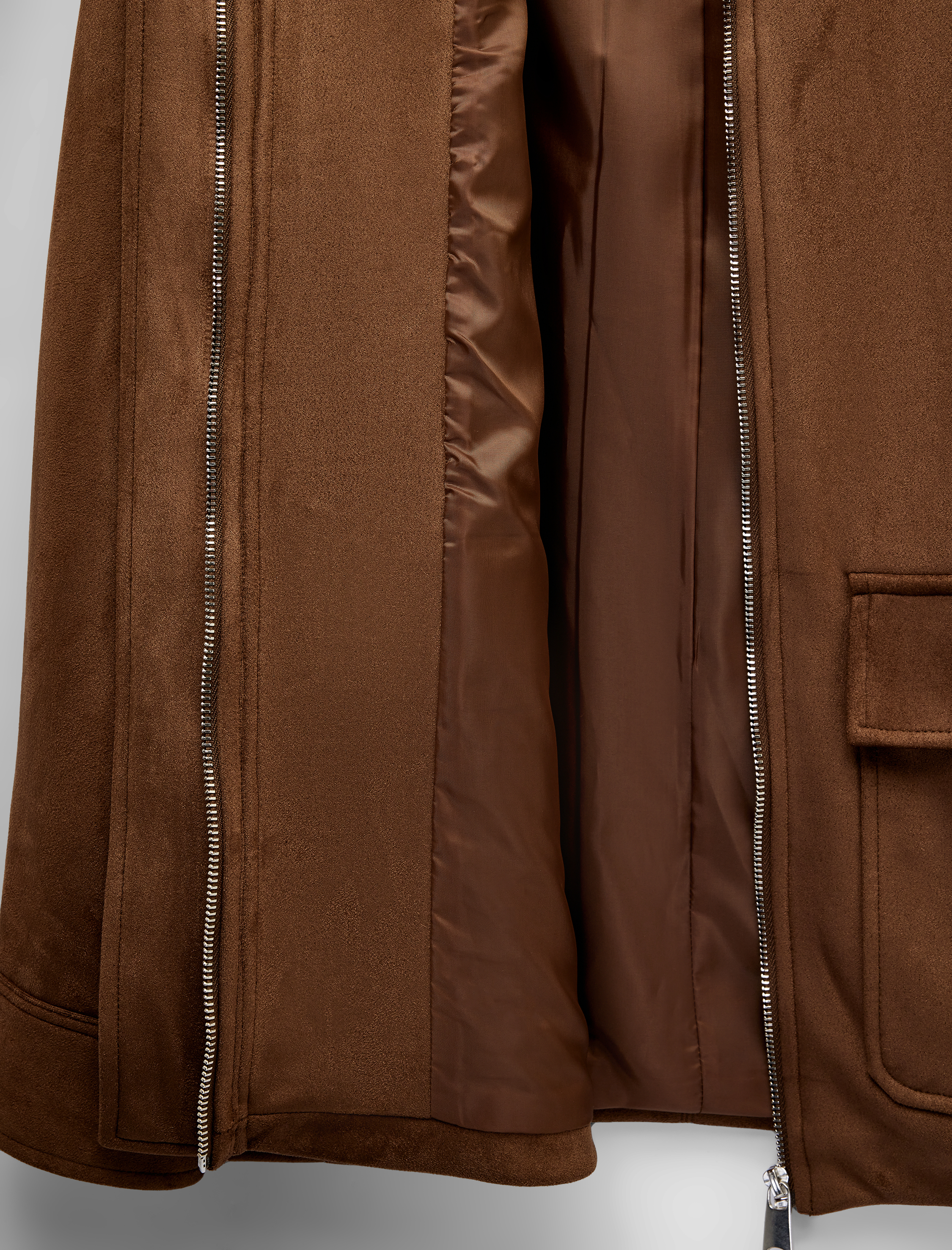   Uzun Kollu Fermuarlı Cepli Süet Görünümlü Oversize Mevsimlik Ceket