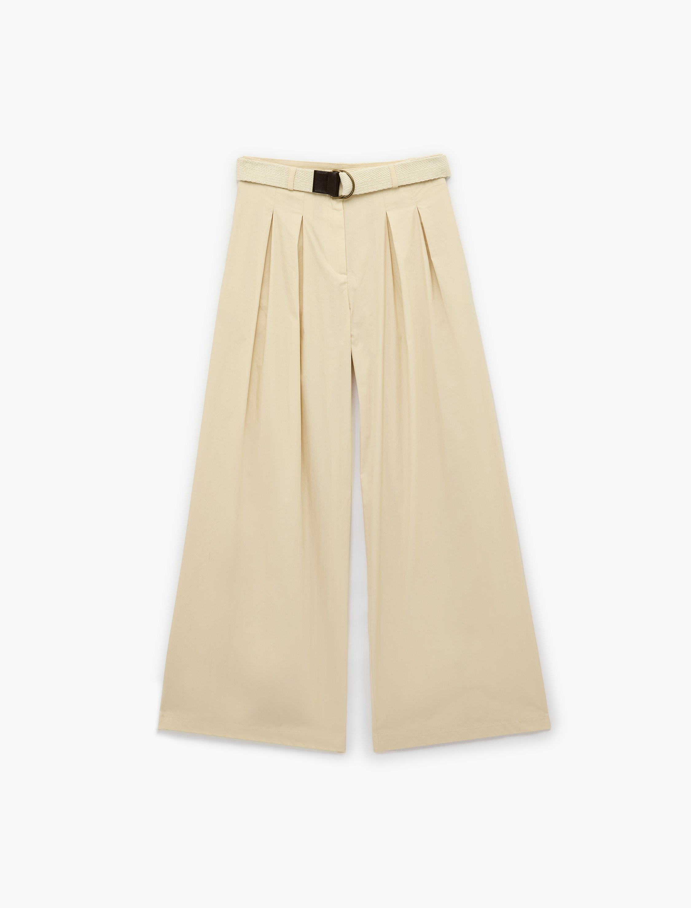   Pamuklu Cepli Pile Detaylı Kemerli Geniş Paça Palazzo Pantolon