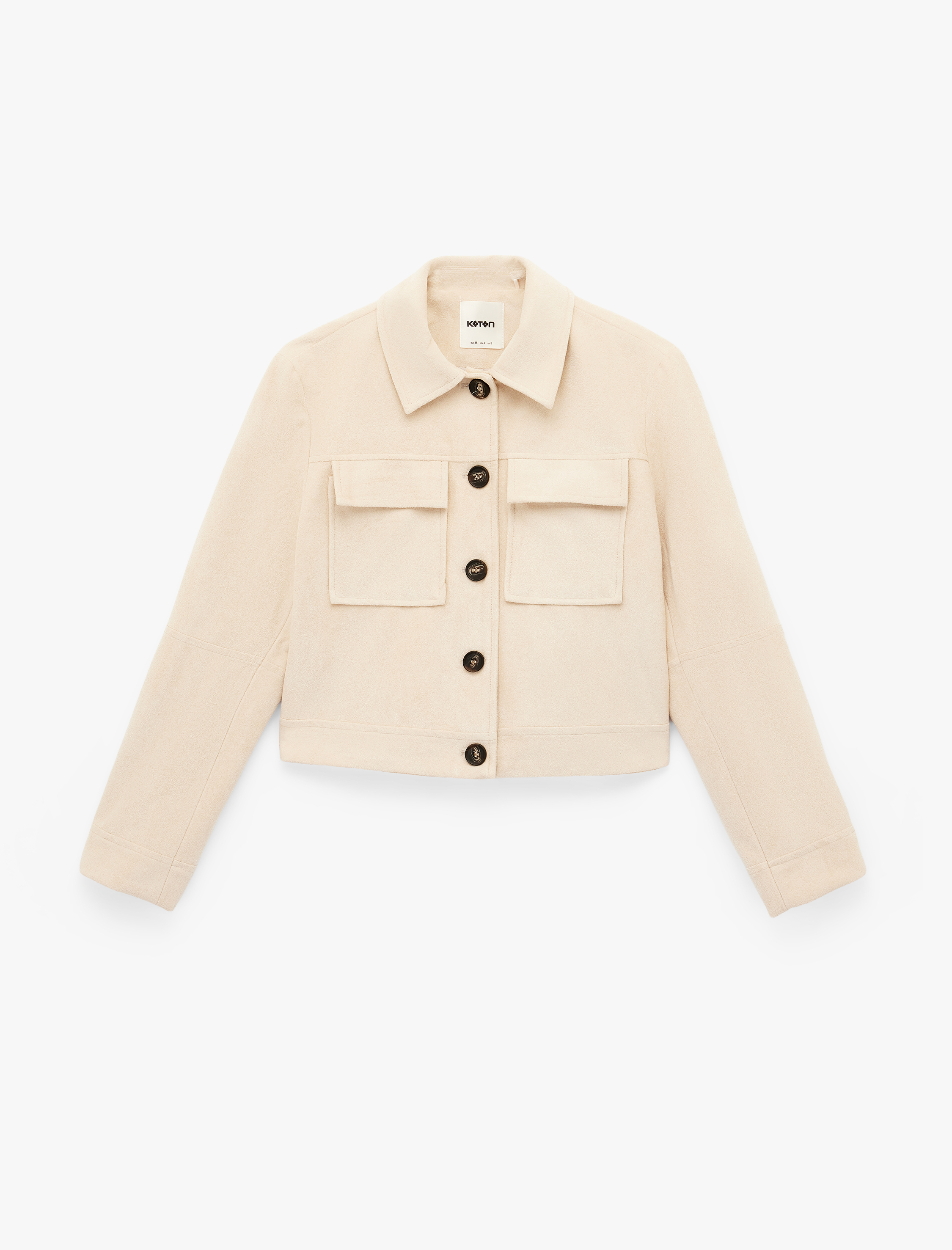   Uzun Kollu Cepli Düğmeli Süet Görünümlü Crop Ceket