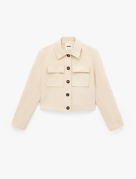 Uzun Kollu Cepli Düğmeli Süet Görünümlü Crop Ceket