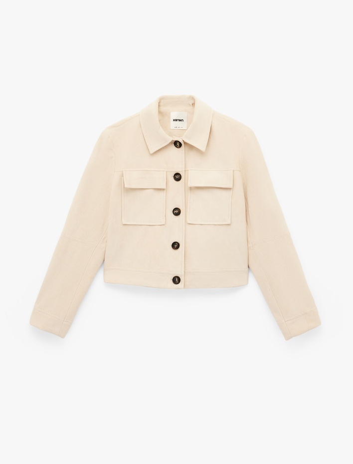  Uzun Kollu Cepli Düğmeli Süet Görünümlü Crop Ceket