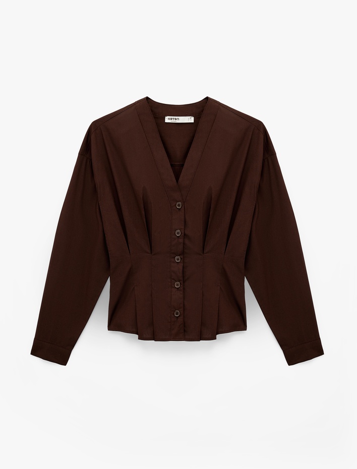  Pamuklu Uzun Kollu Düğmeli V Yaka Gömlek