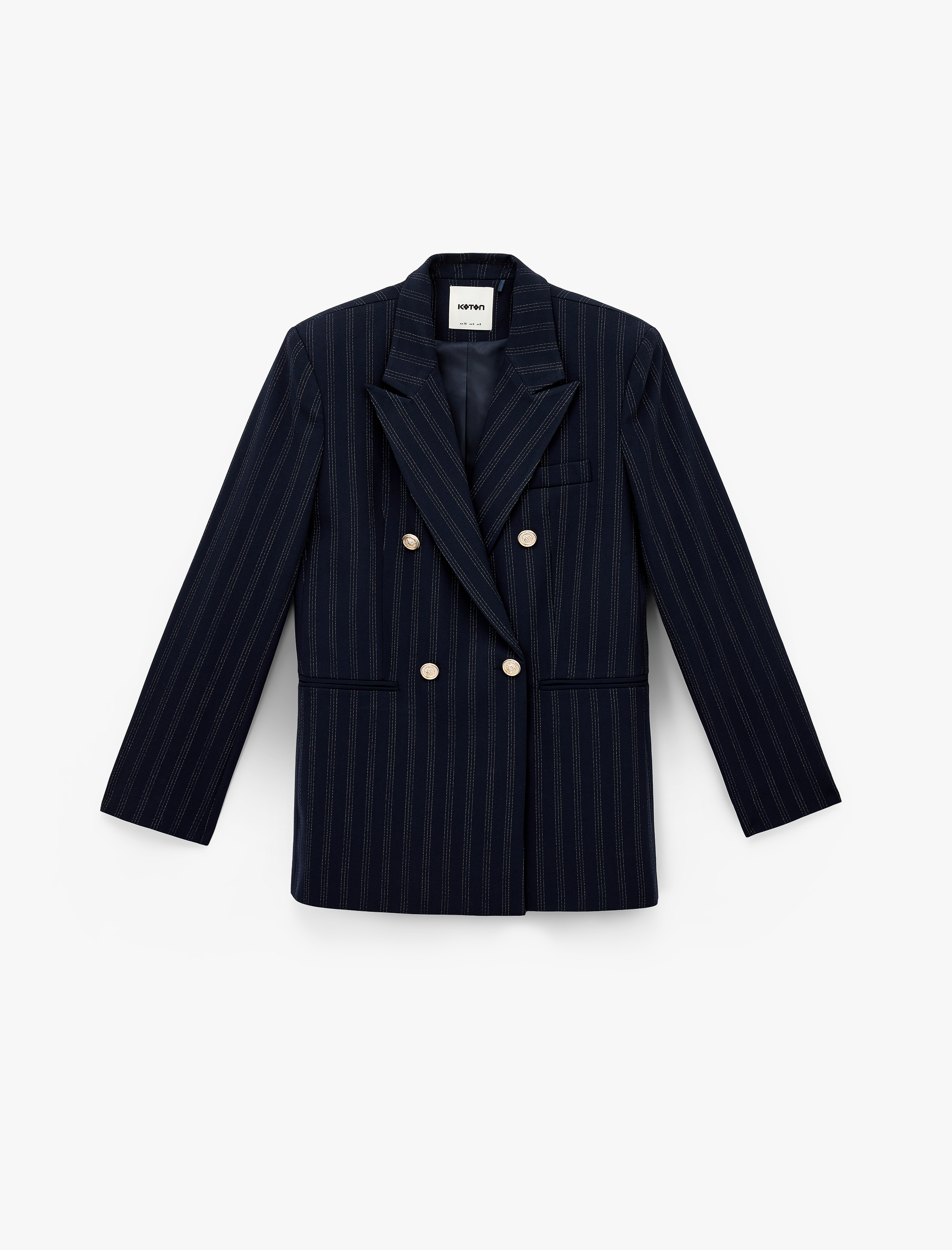   Uzun Kollu Cepli Düğmeli Kruvaze Çizgili Blazer Ceket