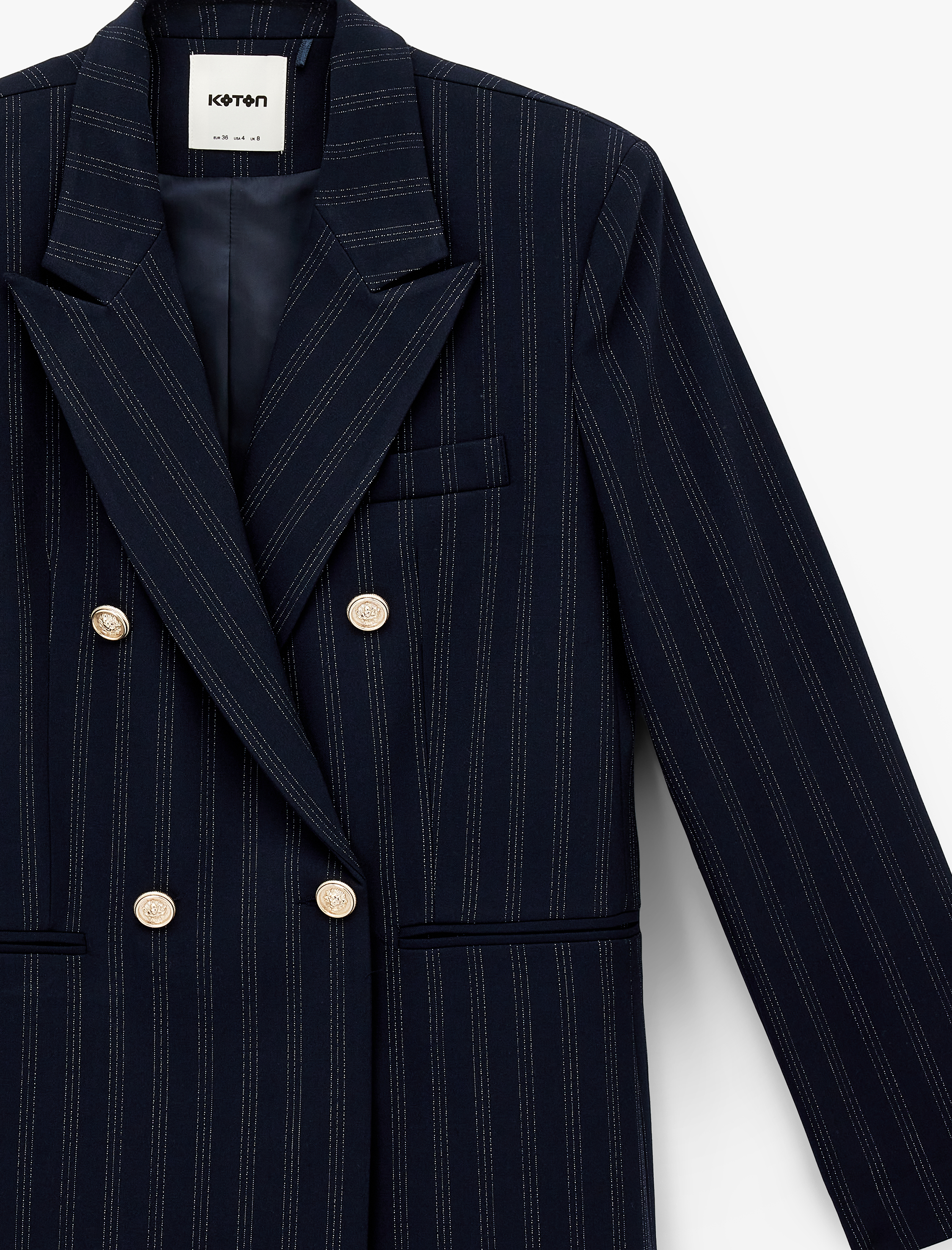   Uzun Kollu Cepli Düğmeli Kruvaze Çizgili Blazer Ceket