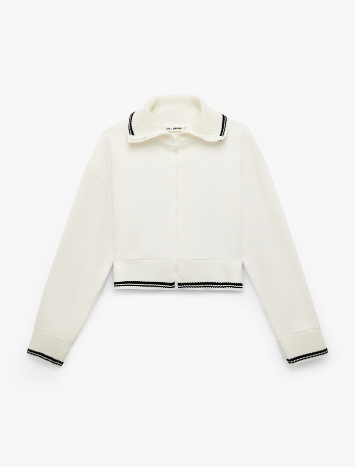  Şardonlu Dik Yaka Biyeli Uzun Kollu Fermuarlı Sweatshirt