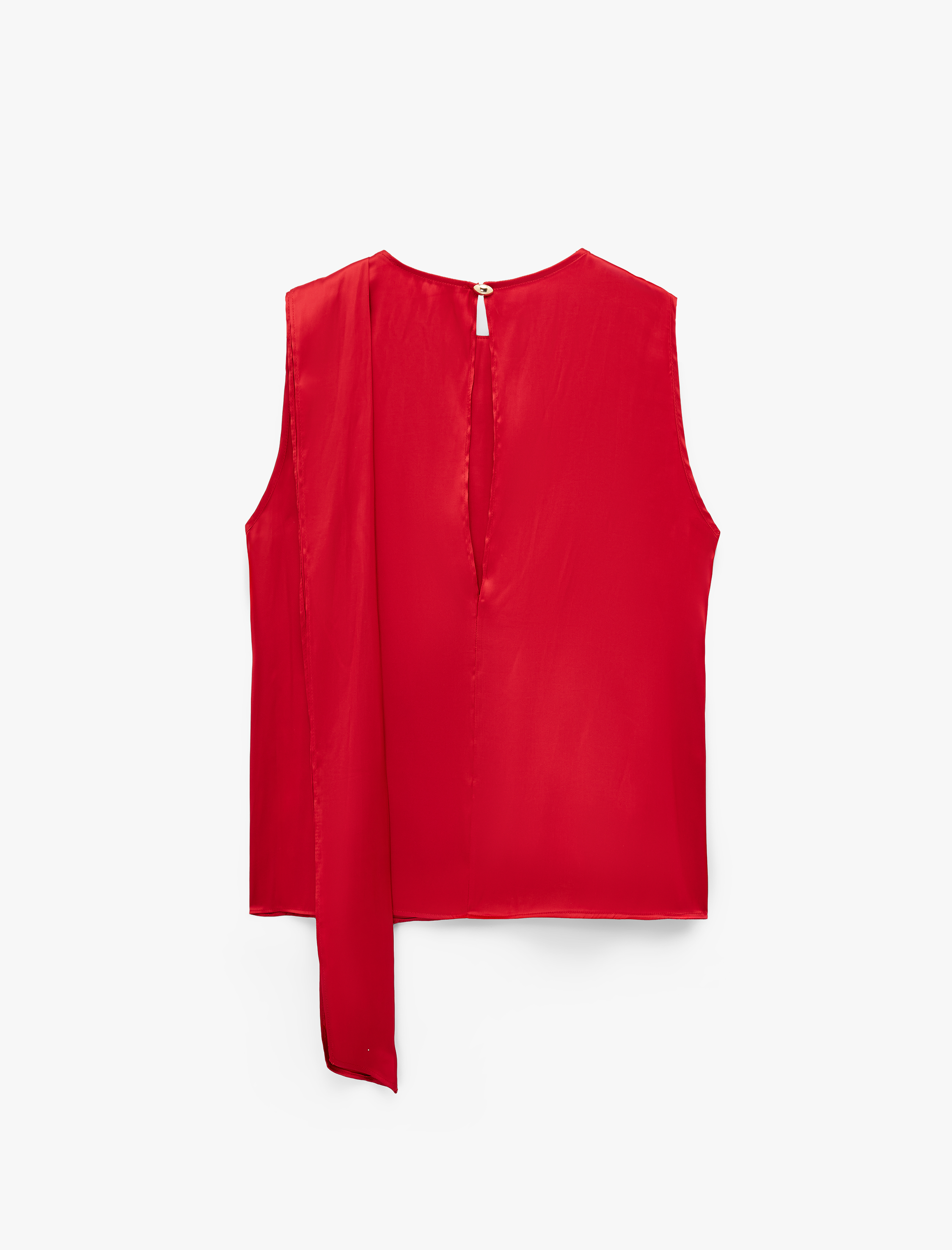   Dökümlü Şal Yaka Fular Detaylı Kolsuz Saten Bluz