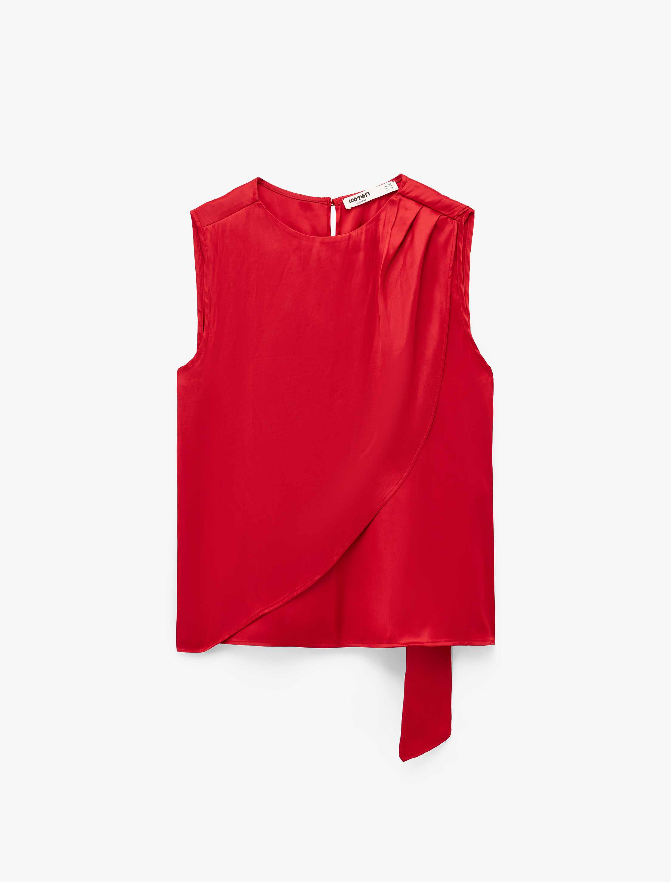   Dökümlü Şal Yaka Fular Detaylı Kolsuz Saten Bluz