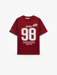 Pamuklu Rahat Kalıp Kısa Kollu Bisiklet Yaka Kolej Baskılı Tişört