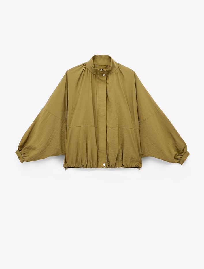  Paraşüt Kumaş Uzun Kollu Cepli Dik Yaka Fermuarlı Oversize Yağmurluk