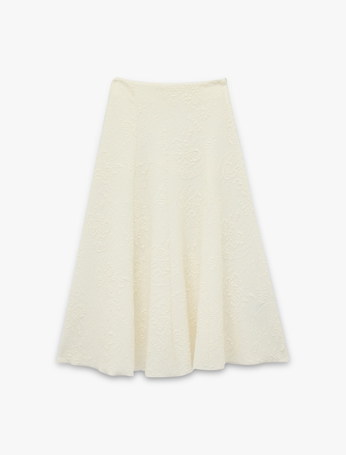  Rahat Kalıp Floral Dokulu A Kesim Midi Etek