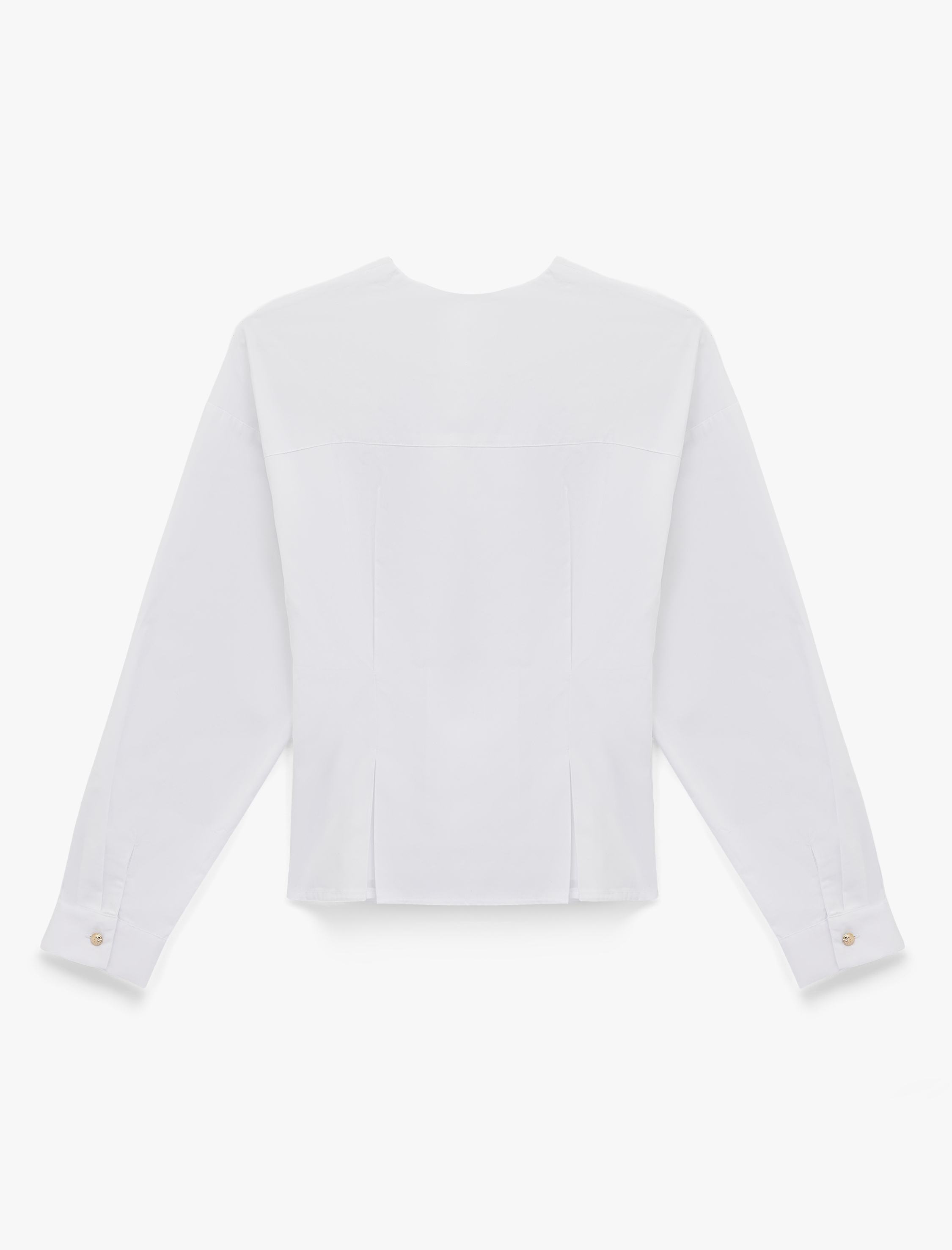   Slim Fit Pamuklu Düğmeli Uzun Kollu V Yaka Pileli Peplum Gömlek