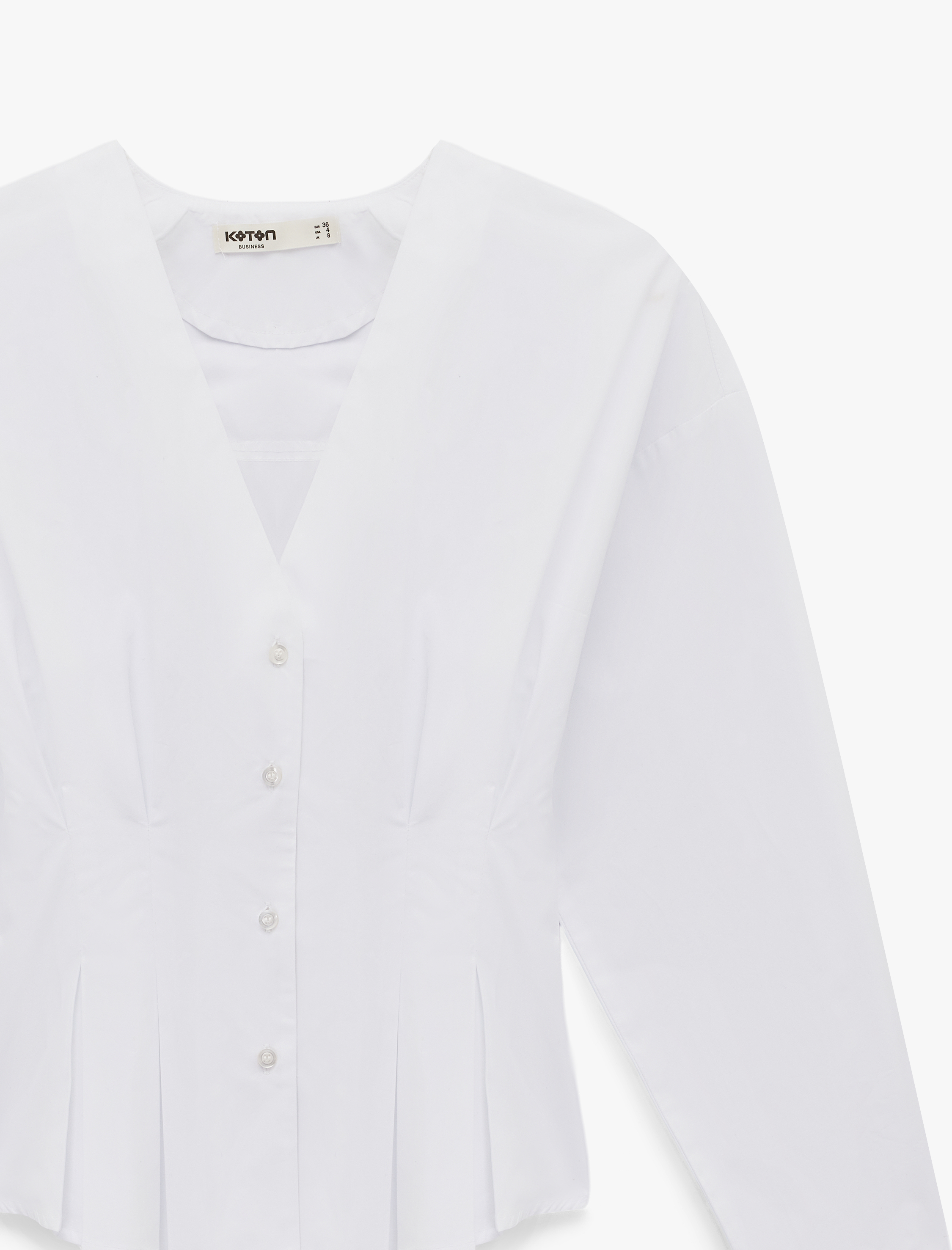   Slim Fit Pamuklu Düğmeli Uzun Kollu V Yaka Pileli Peplum Gömlek