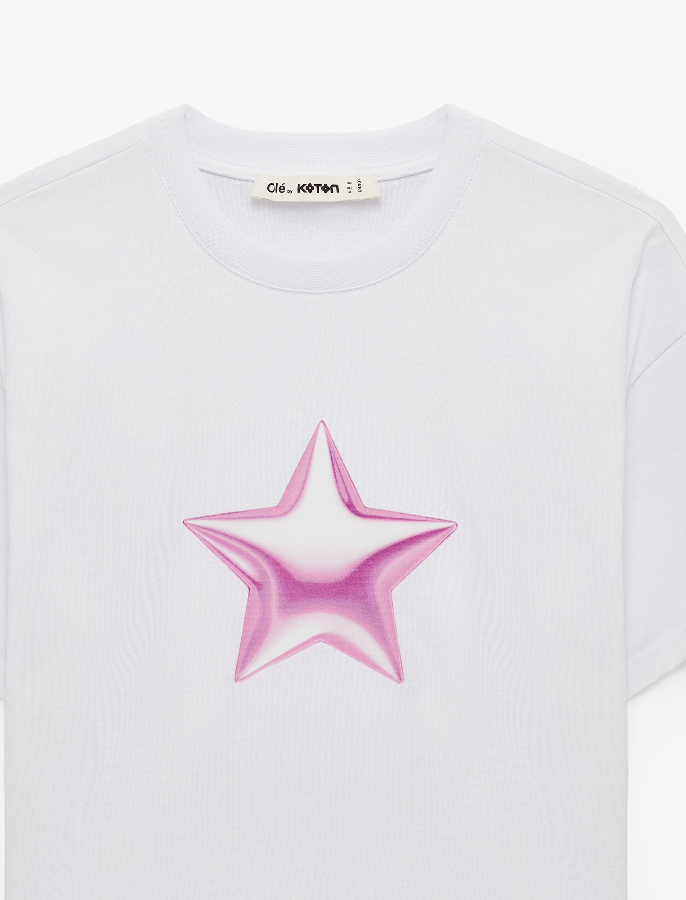   Pamuklu Kısa Kollu Bisiklet Yaka Yıldız Baskılı Crop Tişört