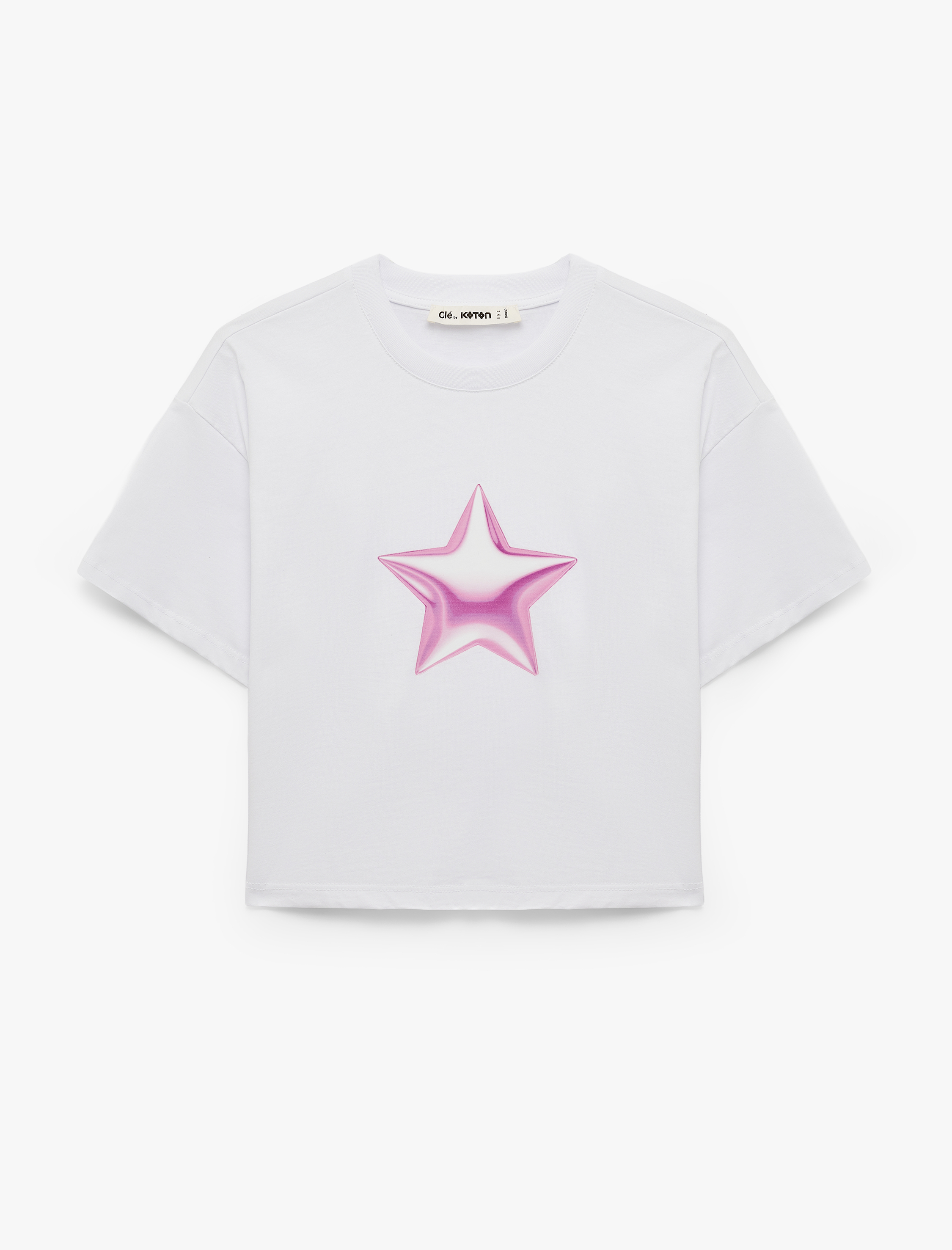   Pamuklu Kısa Kollu Bisiklet Yaka Yıldız Baskılı Crop Tişört