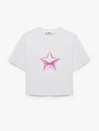 Pamuklu Kısa Kollu Bisiklet Yaka Yıldız Baskılı Crop Tişört