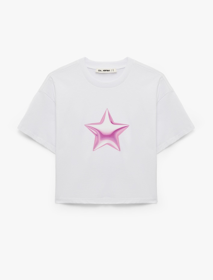  Pamuklu Kısa Kollu Bisiklet Yaka Yıldız Baskılı Crop Tişört