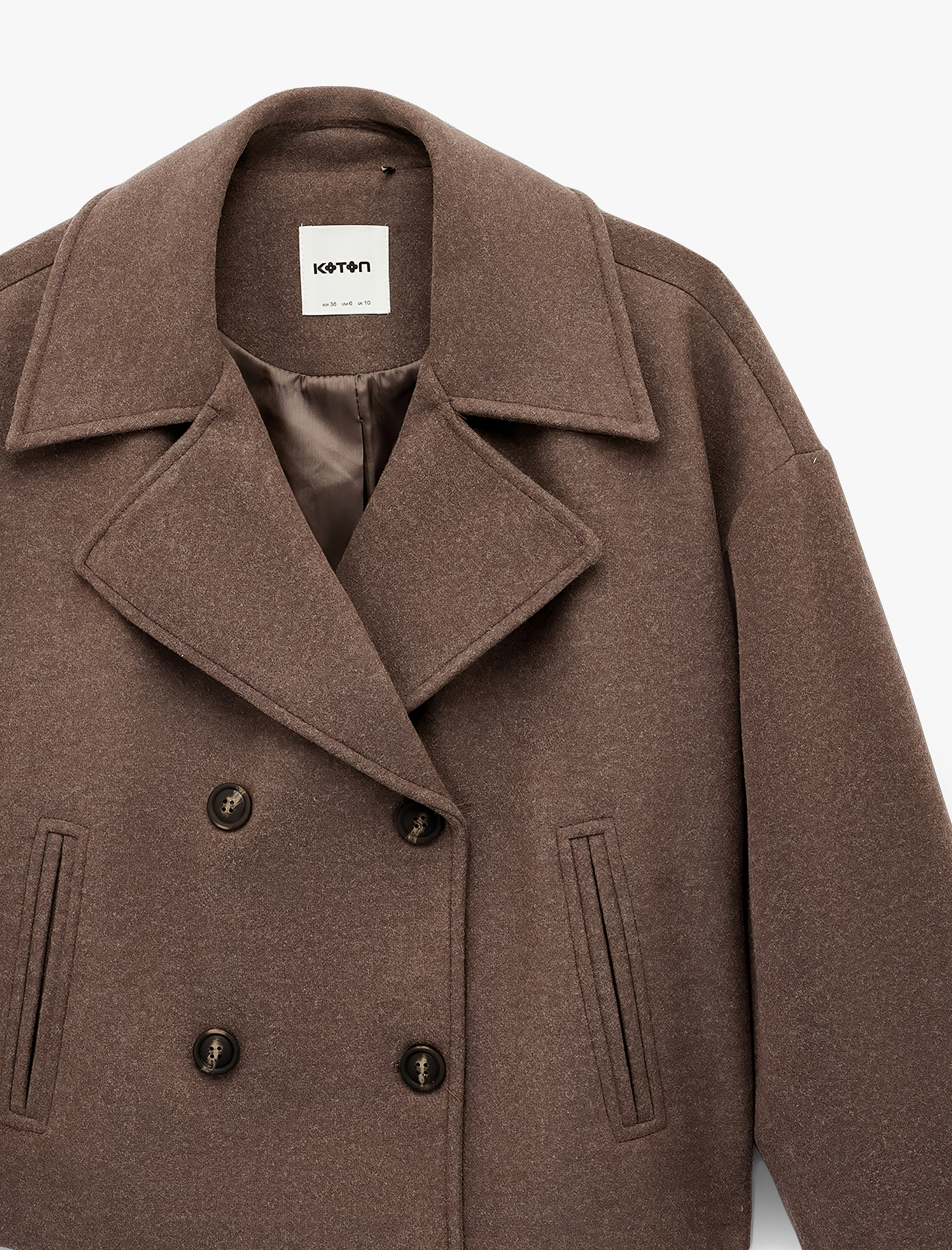   Uzun Kollu Cepli Düğmeli Kruvaze Crop Mevsimlik Kaşe Ceket