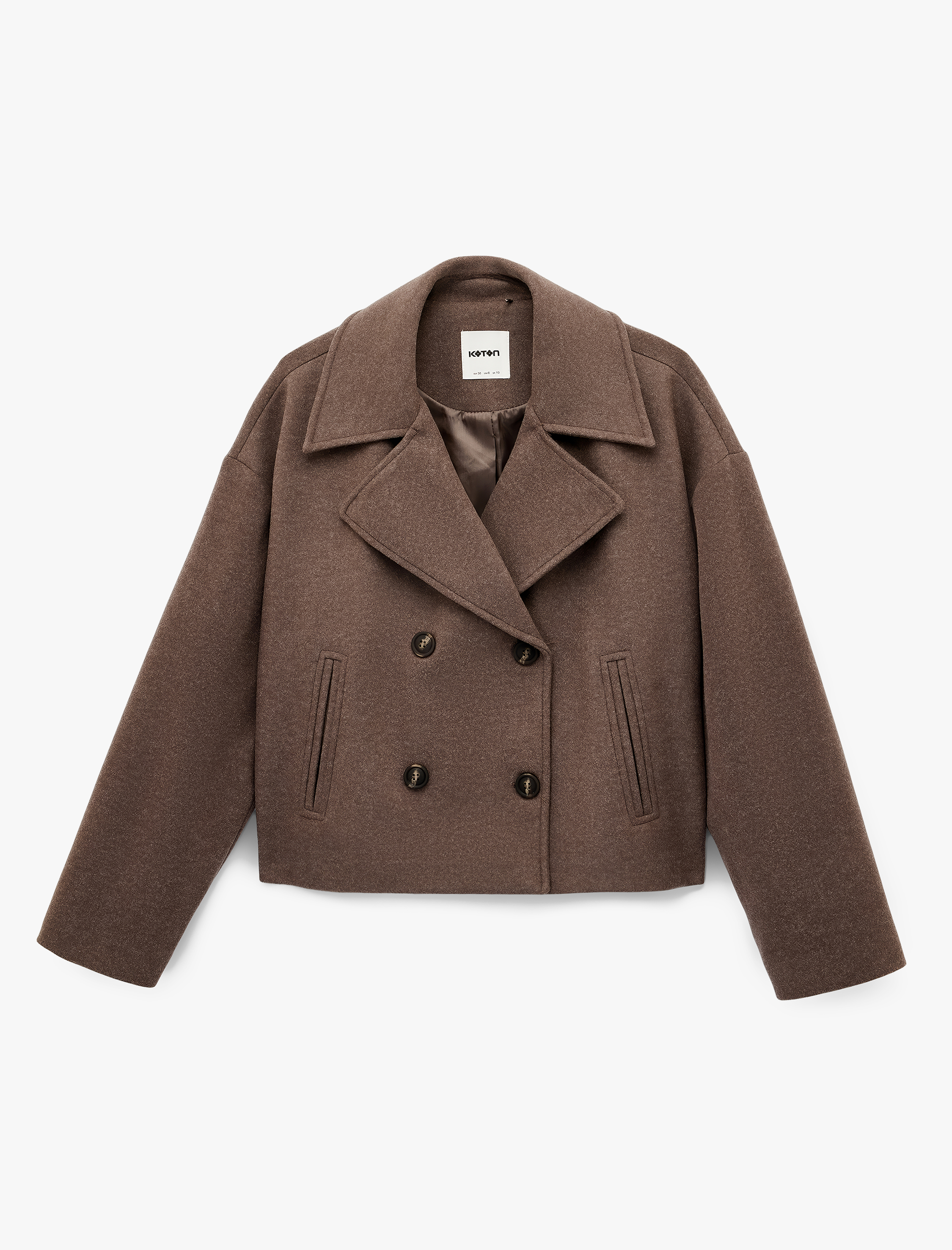   Uzun Kollu Cepli Düğmeli Kruvaze Crop Mevsimlik Kaşe Ceket