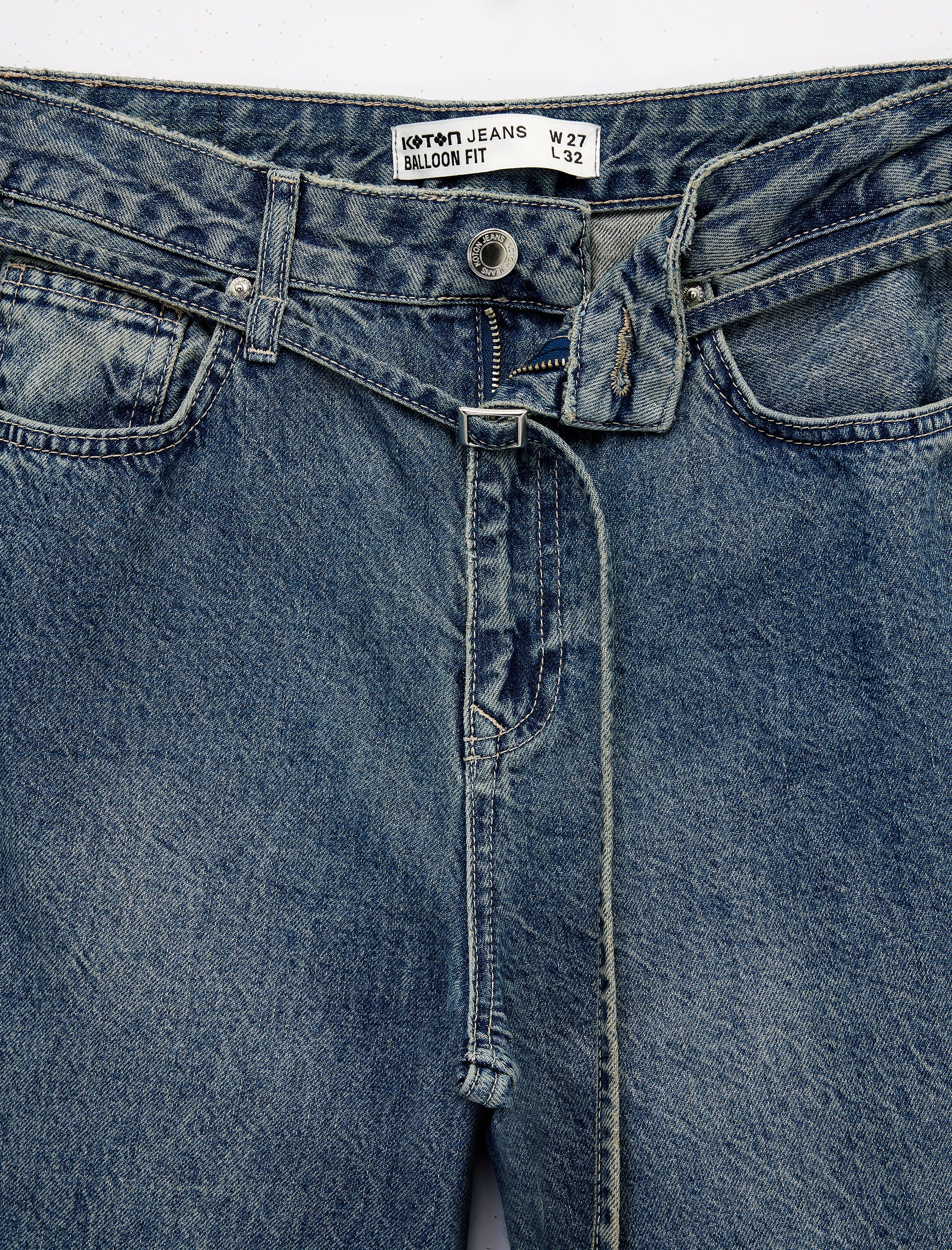   Pamuklu Kemerli Dikiş Detaylı Rahat Kalıp Düz Paça Denim Pantolon - Ballon Jeans