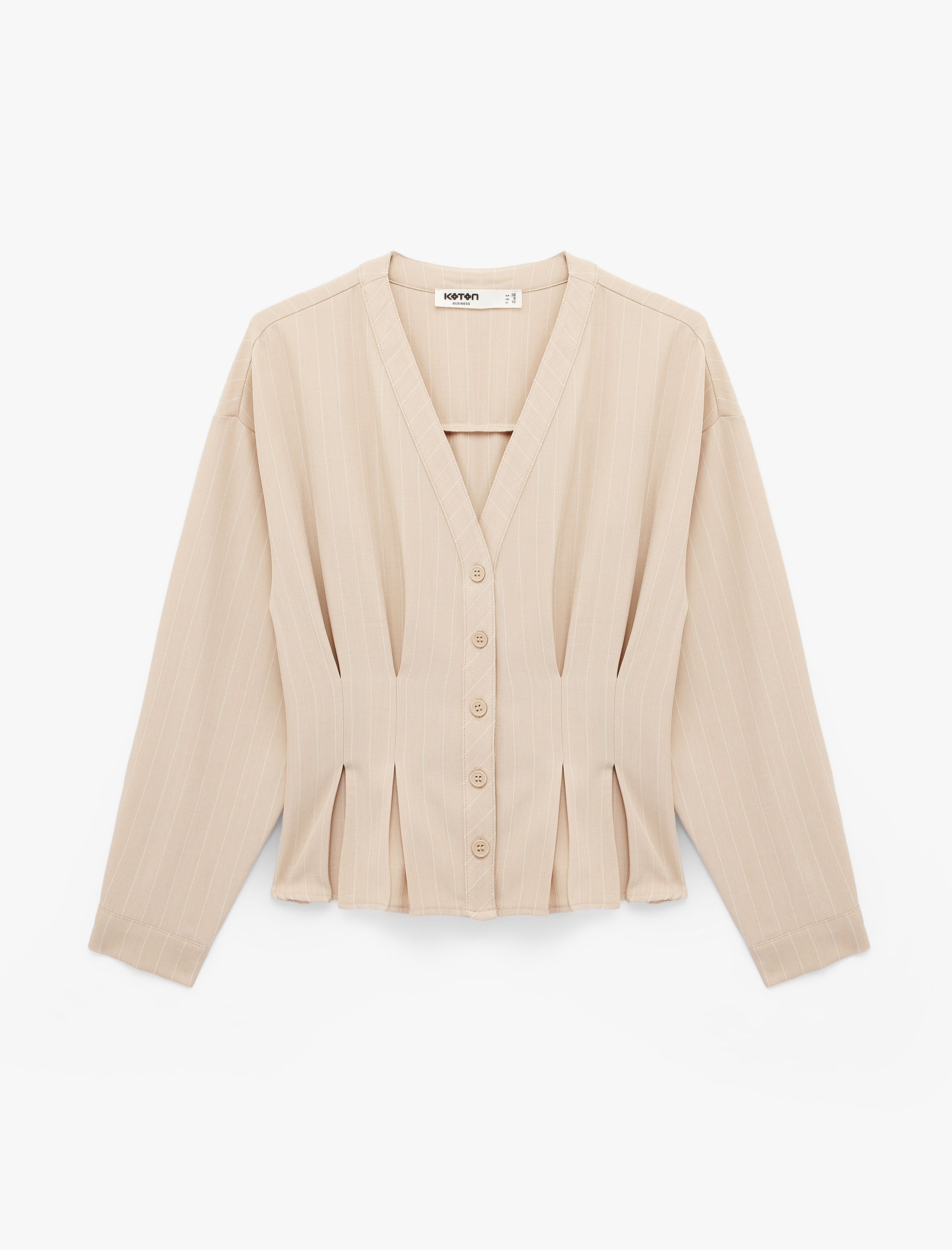   Uzun Kollu Çizgili Pileli Yakasız Gömlek