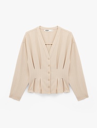 Uzun Kollu Çizgili Pileli Yakasız Gömlek