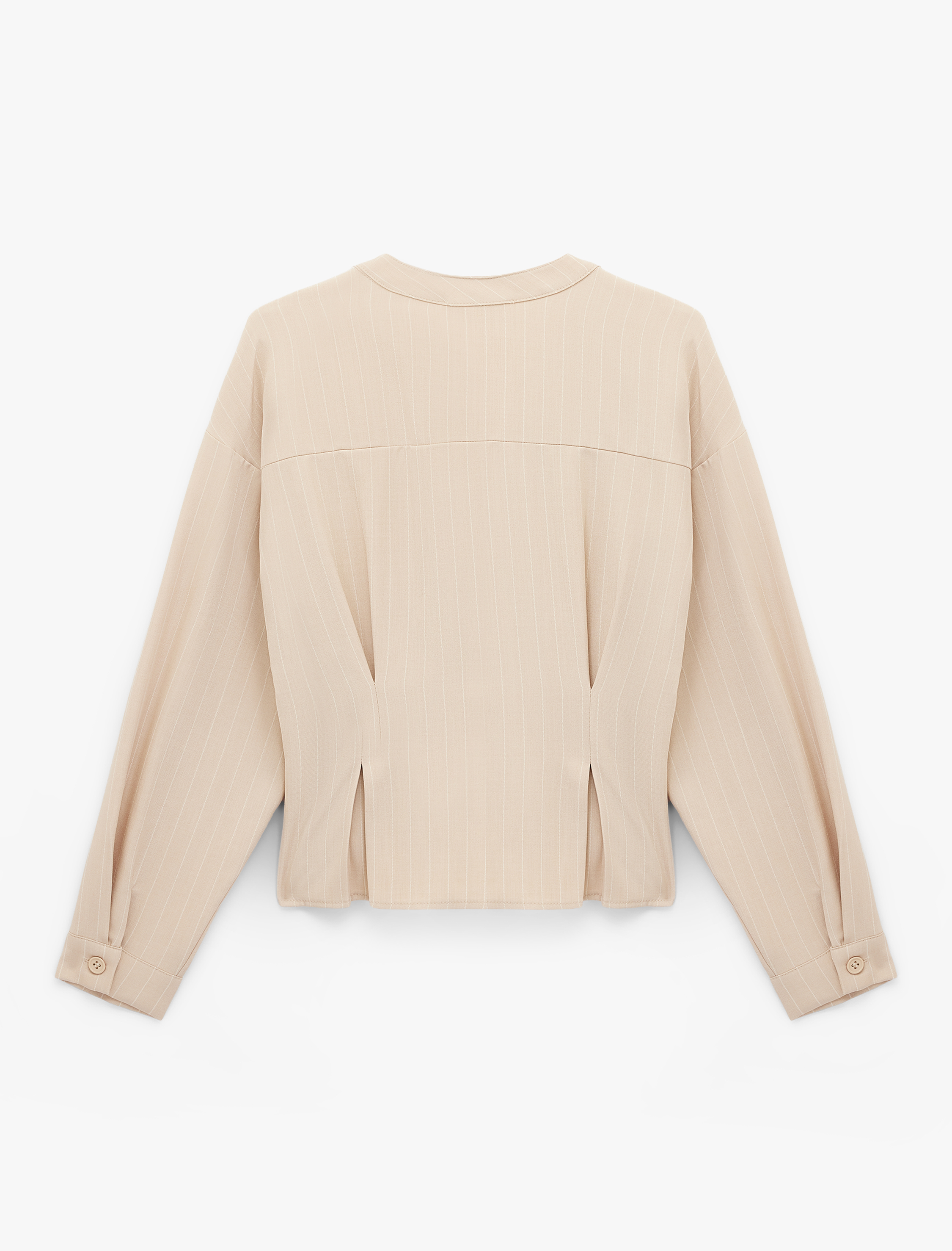   Uzun Kollu Çizgili Pileli Yakasız Gömlek