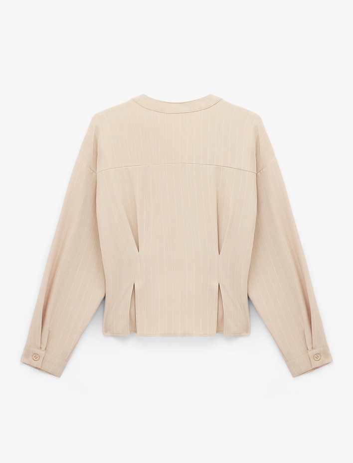  Uzun Kollu Çizgili Pileli Yakasız Gömlek