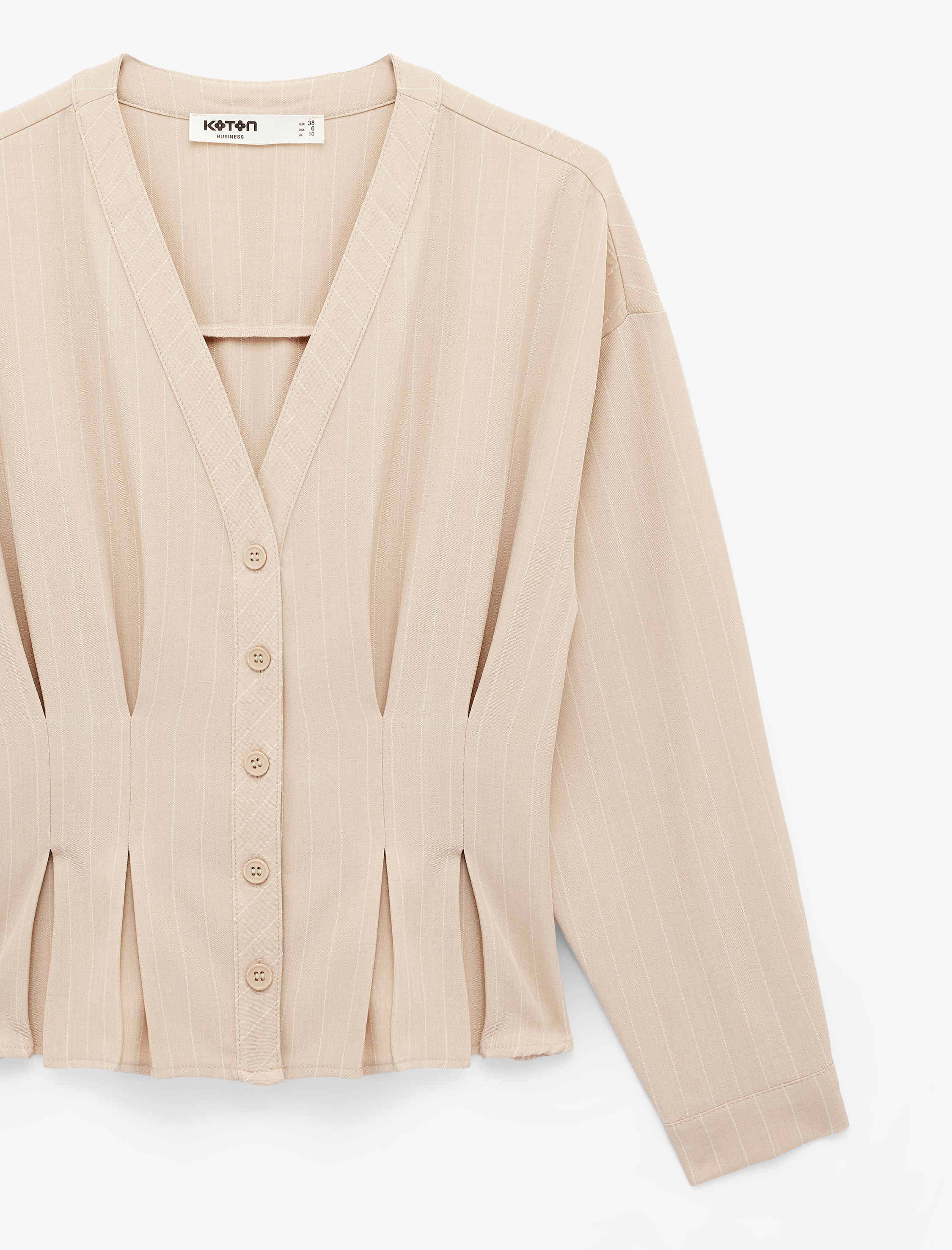   Uzun Kollu Çizgili Pileli Yakasız Gömlek