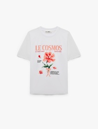 Rahat Kalıp Kısa Kollu Bisiklet Yaka Hibiskus Baskılı Tişört