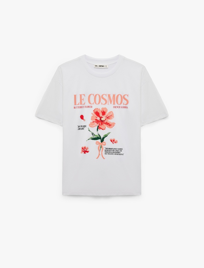  Rahat Kalıp Kısa Kollu Bisiklet Yaka Hibiskus Baskılı Tişört